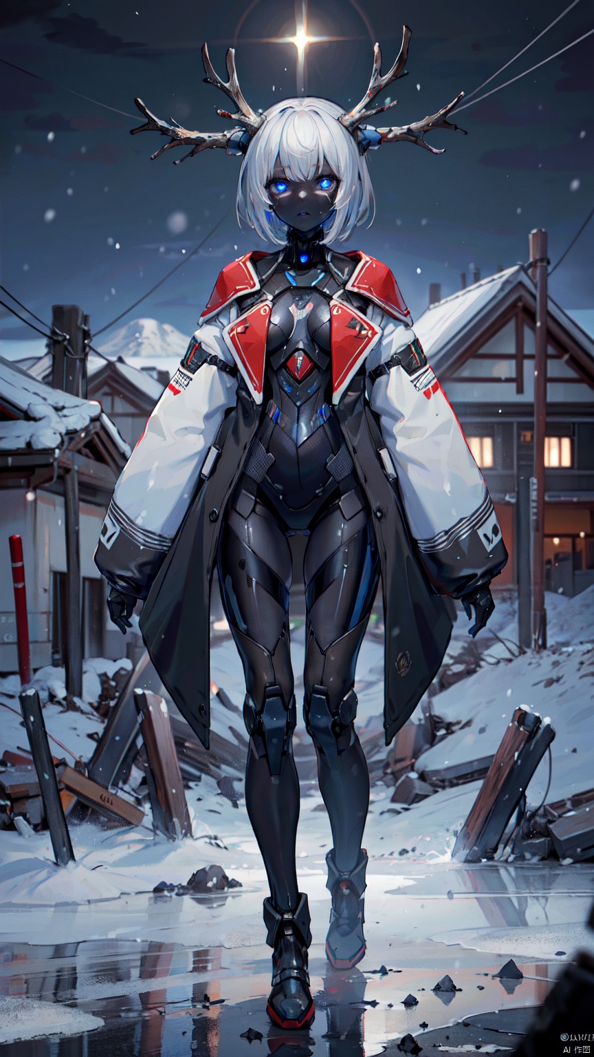  8k, best quality, masterpiece, (ultra-detailed:1.1), (high detailed skin),
(full body:1.3),
////////////////////////
jiqi, art style, glowing, horns, glowing eyes, robot, antlers, solo, mountain, blue eyes, long sleeves, 1boy, sleeves past wrists, armor, standing, no humans, outdoors, male focus, snow, looking at viewer, science fiction, coat, humanoid robot, mecha
///////////////////////////////
(beautiful_face), ((intricate_detail)), clear face,
((finely_detailed)), fine_fabric_emphasis,
((glossy)), full_shot,