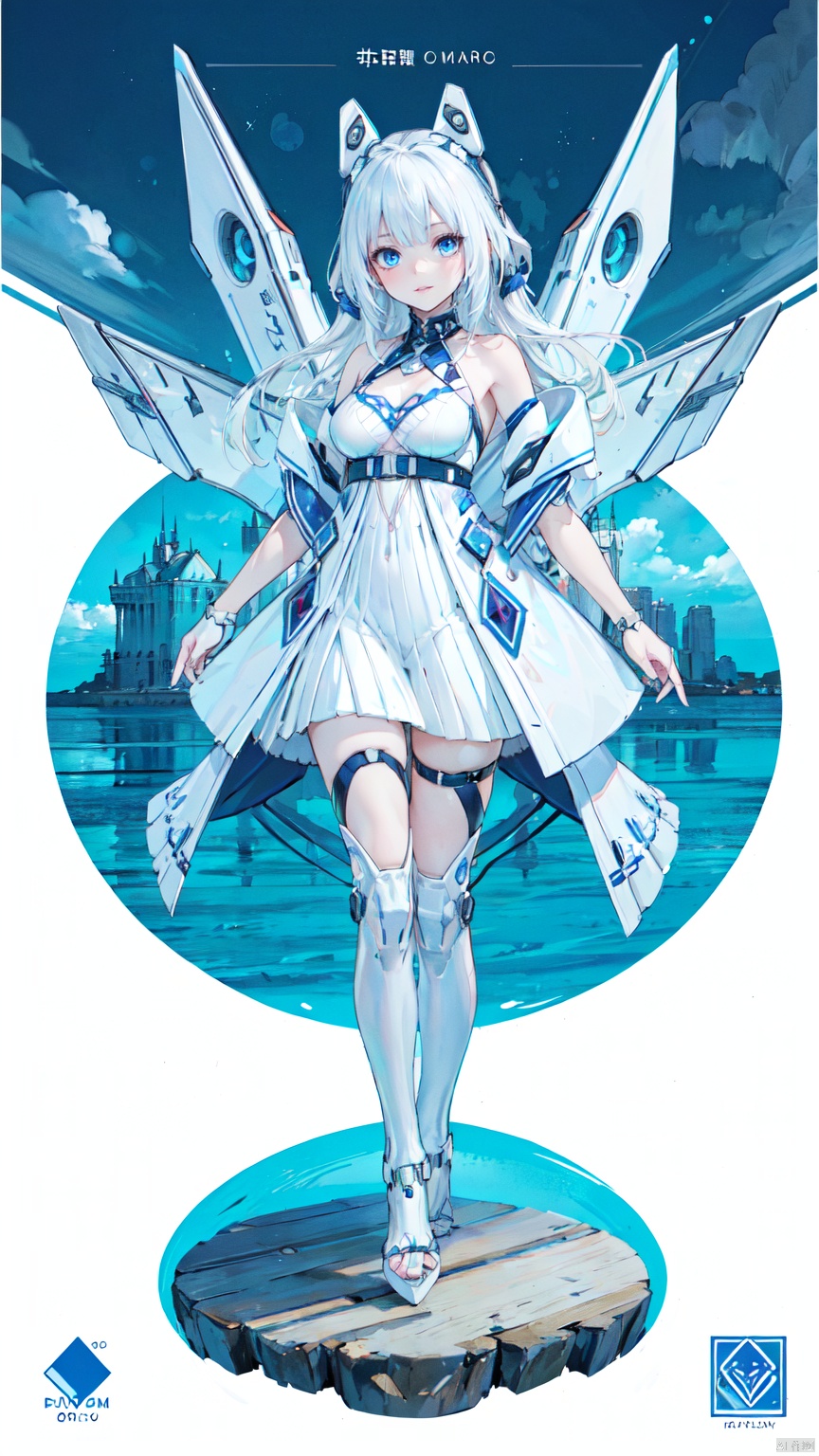  simple_blue_background, golden and white theme, Sense of coordination, sense of order, mathematics beauty, (((cover design))), (((((cover art))))), ((trim)), album_art, official art, (Master's work), full body, ( closeup, 1girl,solo:1.2), 
white dress,tianqi,white mechanical wings,blue eyes,long hair,white hair,breasts,bare shoulders,animalears,boots,bangs,
cloud, sky, summer, water patterns, white geometry, colorful geometry, reflection, crystal_art, pattern_design, creative, Mystery pattern, colorful crystal decorate, blue crystal, (architectural art), ((geometric art)), pattern design, creative, shine, dream, 
swimming in ocean, happy summer, beach, sandals, waves, 
------, 
Low saturation, grand masterpiece, Perfect composition, film light, light art, beautiful face, (masterpiece), Anime