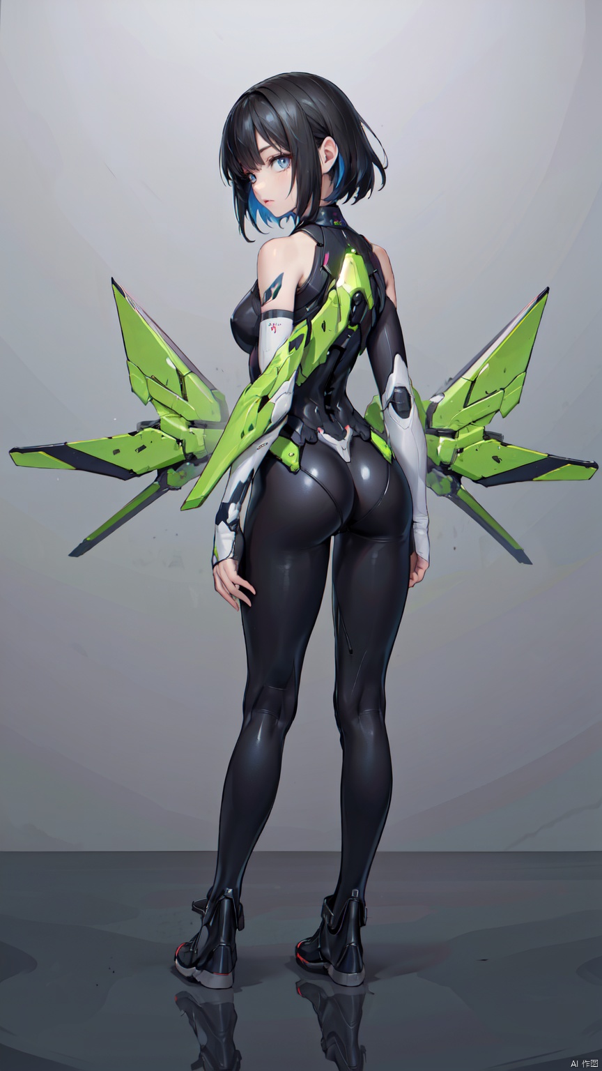 8k, best quality, masterpiece, (ultra-detailed:1.1), (high detailed skin),
(full body:1.3),
////////////////////////
jiqi, art style, 1girl, solo, short hair, black hair, ass, multicolored hair, grey background, standing, gradient, (looking back), full body, from behind, arms at sides, bodysuit, gradient background, wings, science fiction, reflection, looking at viewer, mecha musume, armor, streaked hair
///////////////////////////////
(beautiful_face), ((intricate_detail)), clear face,
((finely_detailed)), fine_fabric_emphasis,
((glossy)), full_shot,