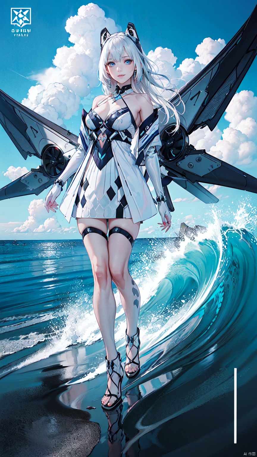 simple_blue_background,  golden and white theme,  Sense of coordination,  sense of order,  mathematics beauty,  (((cover design))),  (((((cover art))))),  ((trim)),  album_art,  official art,  (Master's work),  full body,  ( closeup,  1girl, solo:1.2),  white dress, tianqi, white mechanical wings, blue eyes, long hair, white hair, breasts, bare shoulders, animalears, boots, bangs, cloud,  sky,  summer,  water patterns,  white geometry,  colorful geometry,  reflection,  crystal_art,  pattern_design,  creative,  Mystery pattern,  colorful crystal decorate,  blue crystal,  (architectural art),  ((geometric art)),  pattern design,  creative,  shine,  dream,  swimming in ocean,  happy summer,  beach,  sandals,  waves,  ------,  Low saturation,  grand masterpiece,  Perfect composition,  film light,  light art,  beautiful face,<lora:EMS-191421-EMS:0.200000>,<lora:EMS-270043-EMS:0.700000>,<lora:EMS-5034-EMS:0.200000>