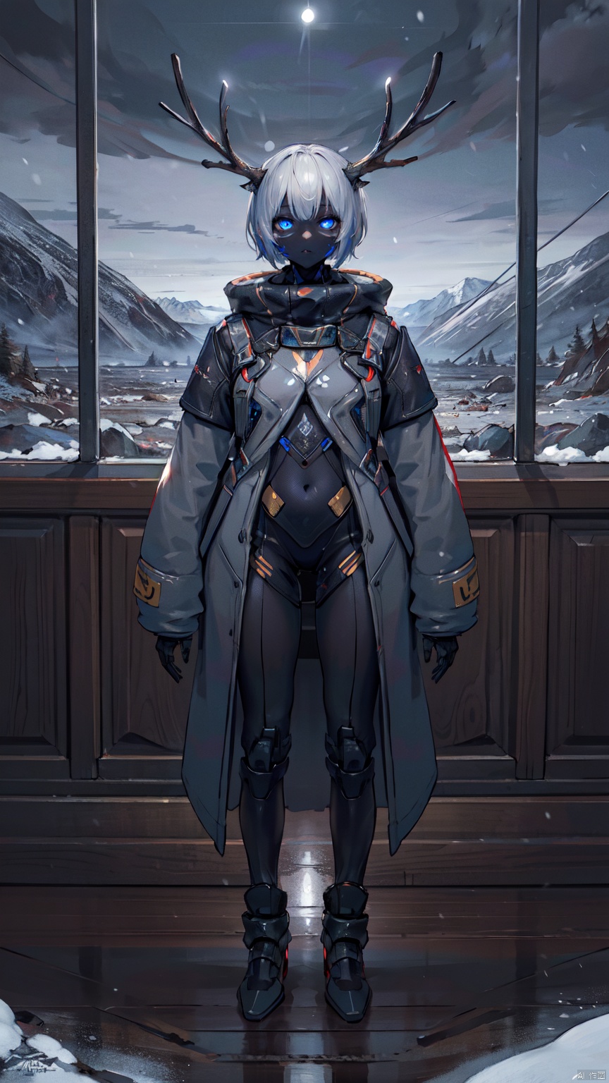 8k, best quality, masterpiece, (ultra-detailed:1.1), (high detailed skin),
(full body:1.3),
////////////////////////
jiqi, art style, glowing, horns, glowing eyes, robot, antlers, solo, mountain, blue eyes, long sleeves, 1boy, sleeves past wrists, armor, standing, no humans, outdoors, male focus, snow, looking at viewer, science fiction, coat, humanoid robot, mecha
///////////////////////////////
(beautiful_face), ((intricate_detail)), clear face,
((finely_detailed)), fine_fabric_emphasis,
((glossy)), full_shot,