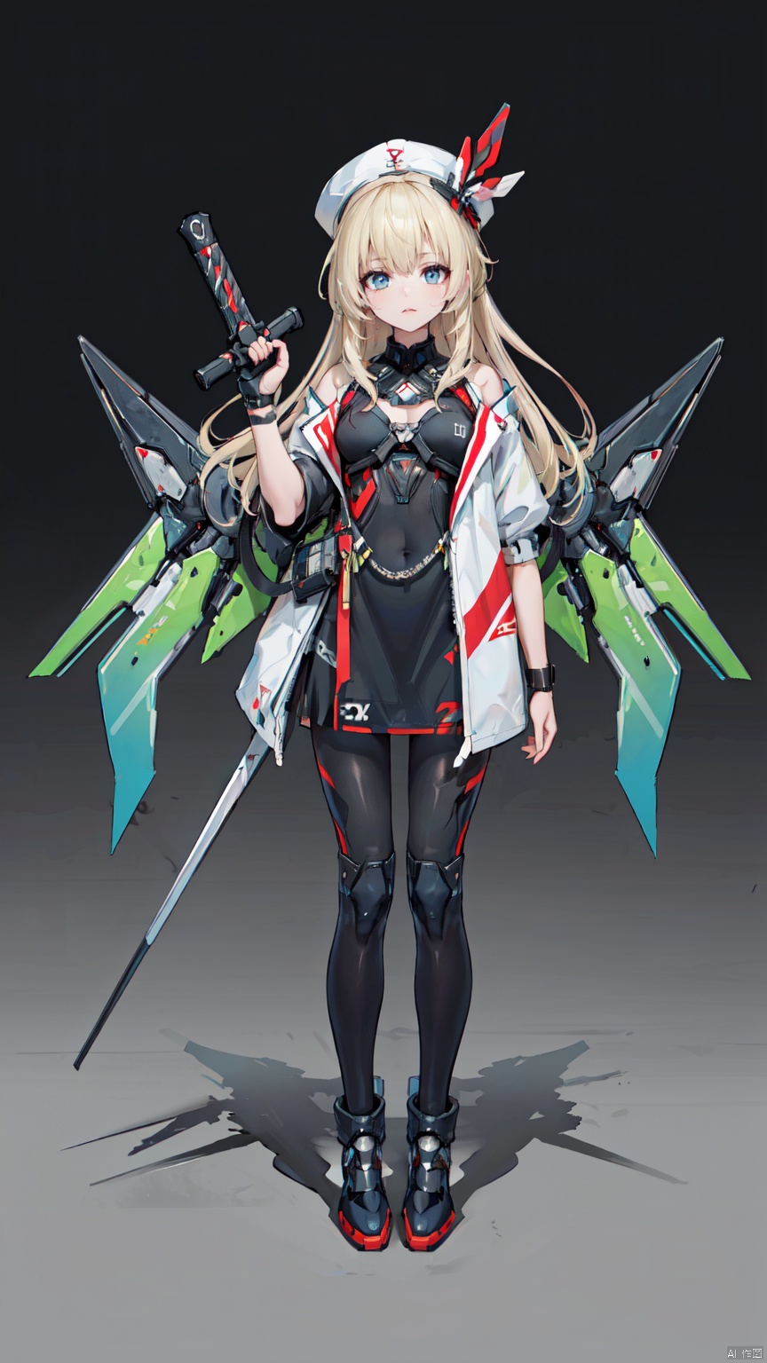  8k, best quality, masterpiece, (ultra-detailed:1.1), (high detailed skin),
(full body:1.3),
////////////////////////
jiqi, art style, solo, mecha musume, weapon, sword, blonde hair, 1girl, gradient, mechanical wings, gradient background, wings, holding, dual wielding, grey background, looking at viewer, hat, science fiction, full body, holding weapon, floating
///////////////////////////////
(beautiful_face), ((intricate_detail)), clear face,
((finely_detailed)), fine_fabric_emphasis,
((glossy)), full_shot,