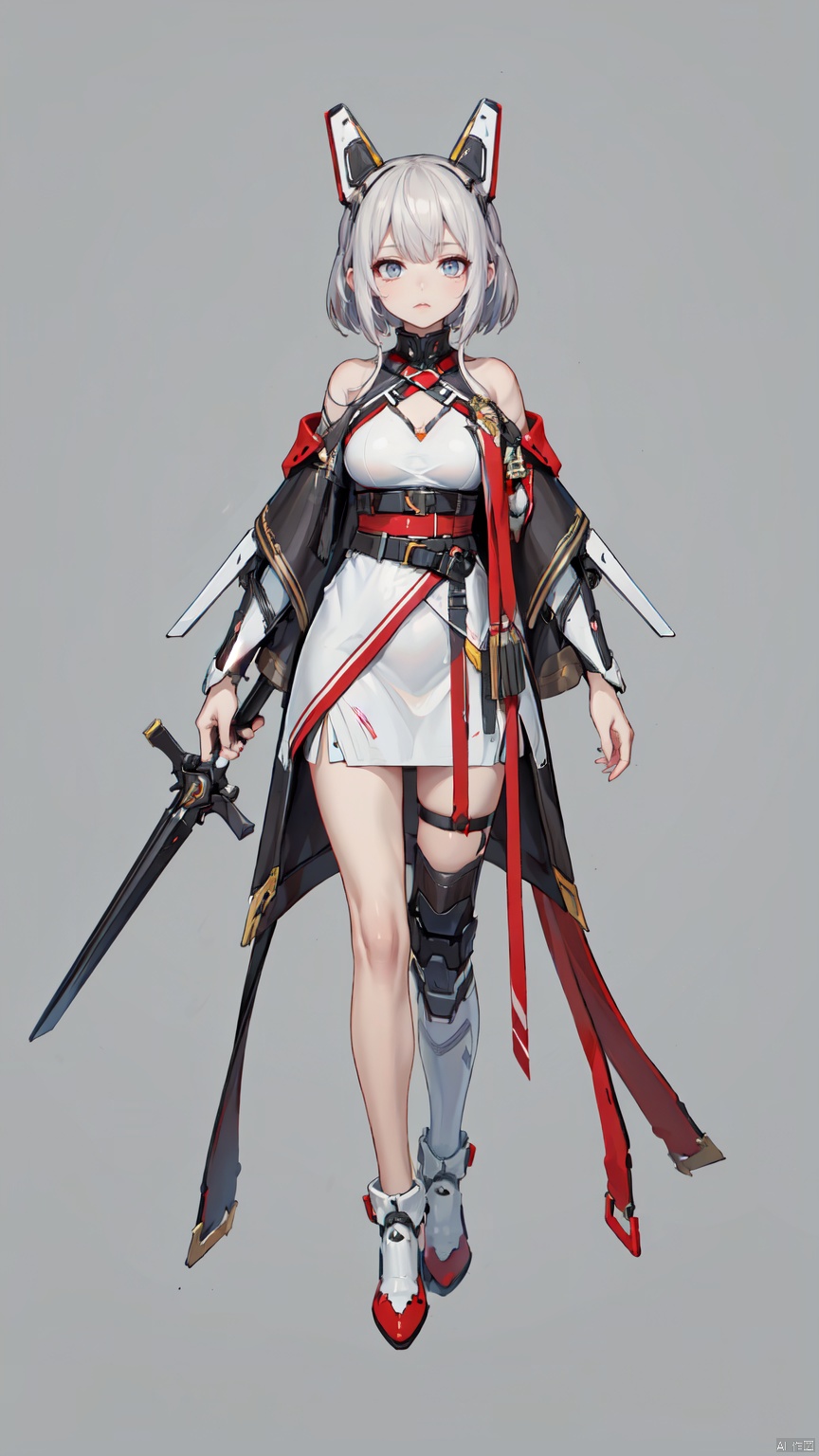  8k, best quality, masterpiece, (ultra-detailed:1.1), (high detailed skin),
(full body:1.3),
////////////////////////
jiqi, art style, robot, mecha, no humans, standing, solo, weapon, grey background, sword, science fiction, sheathed, sheath, open hands, holding weapon, holding sword, holding
///////////////////////////////
(beautiful_face), ((intricate_detail)), clear face,
((finely_detailed)), fine_fabric_emphasis,
((glossy)), full_shot,