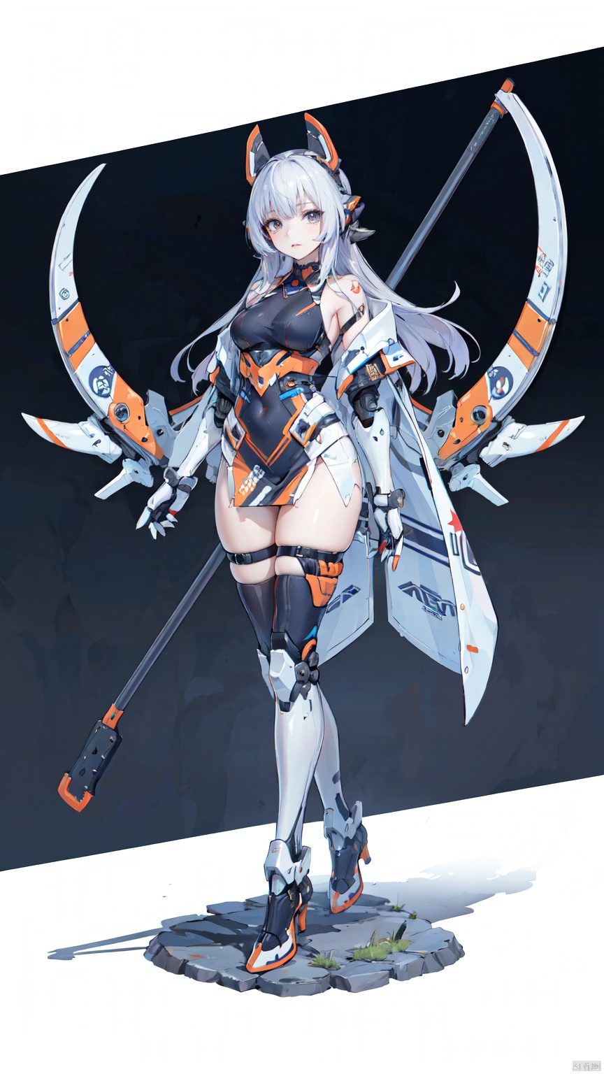  8k, best quality, masterpiece, (ultra-detailed:1.1), (high detailed skin),
(full body:1.3),
////////////////////////
jiqi, art style, mecha, robot, no humans, solo, science fiction, holding, weapon, standing, holding weapon, scythe, looking down, open hand, holding axe, axe, redesign
///////////////////////////////
(beautiful_face), ((intricate_detail)), clear face,
((finely_detailed)), fine_fabric_emphasis,
((glossy)), full_shot,