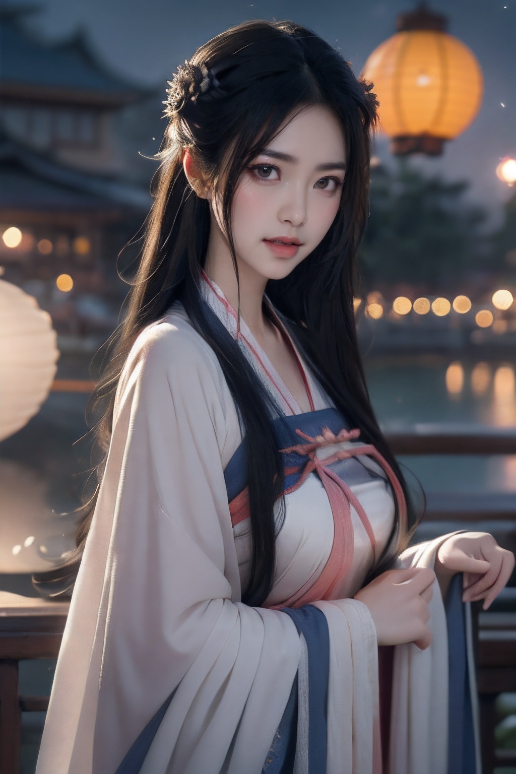 close up,upper body,pov,facing at viewer,((night)),panorama,dynamic_angle,((new year)),((lantern festival)),fantasy,realistic,reality,smile,facing viewer,cinematic_angle,masterpiece,best quality,highly detailed,Amazing,finely detail,extremely detailed CG unity 8k wallpaper,score:>=60,gufenghanfu,1girl,looking at viewer,1 girl,solo,full body,female focus,detailed face,chinese clothing, hanfu,East Asian architecture,scenery,moon,sky,flying birds,waterfall,outdoors,(Masterpiece, best quality, very detailed CG, complex details: 1.2),hanfu,long sleeves,wide sleeves,standing,upper body,large breasts,