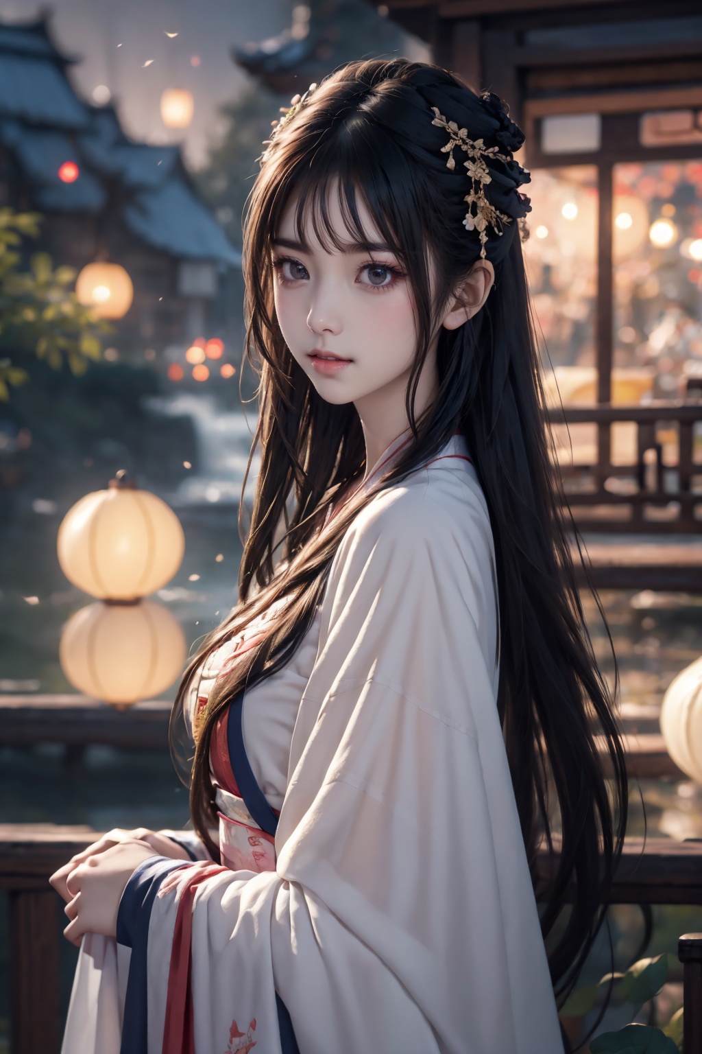 ((close up)),upper body,pov,facing at viewer,((night)),panorama,dynamic_angle,((new year)),((lantern festival)),fantasy,realistic,reality,smile,facing viewer,cinematic_angle,masterpiece,best quality,highly detailed,Amazing,finely detail,extremely detailed CG unity 8k wallpaper,score:>=60,gufenghanfu,1girl,looking at viewer,1 girl,solo,full body,female focus,detailed face,chinese clothing, hanfu,East Asian architecture,scenery,moon,sky,flying birds,waterfall,outdoors,(Masterpiece, best quality, very detailed CG, complex details: 1.2),,hanfu,long sleeves,wide sleeves,standing,upper body,large breasts,