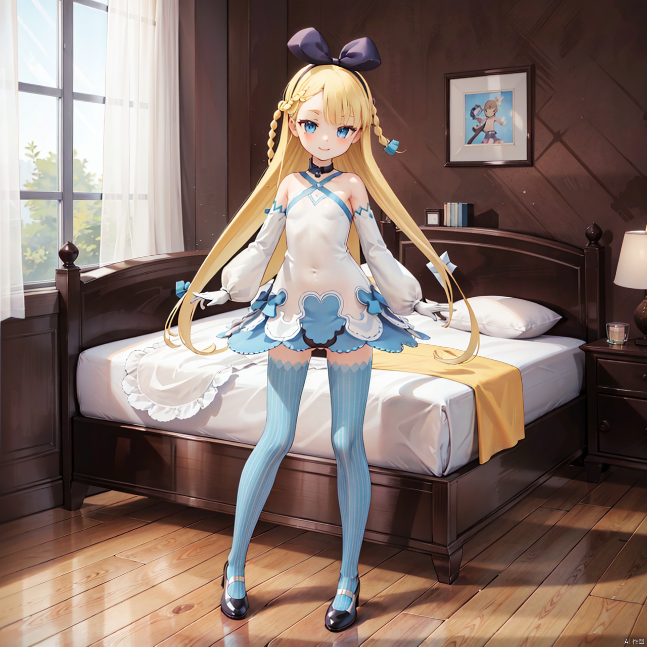  masterpiece,best quality,1girl,Alicia,solo, long hair, looking at viewer, smile, blue eyes, blonde hair, thighhighs, gloves, dress, bow, bare shoulders, very long hair, underwear, standing, panties, full body, braid, hair bow, detached sleeves, elbow gloves, striped, white gloves, flat chest, black panties, vertical stripes,Bedroom, Alicia