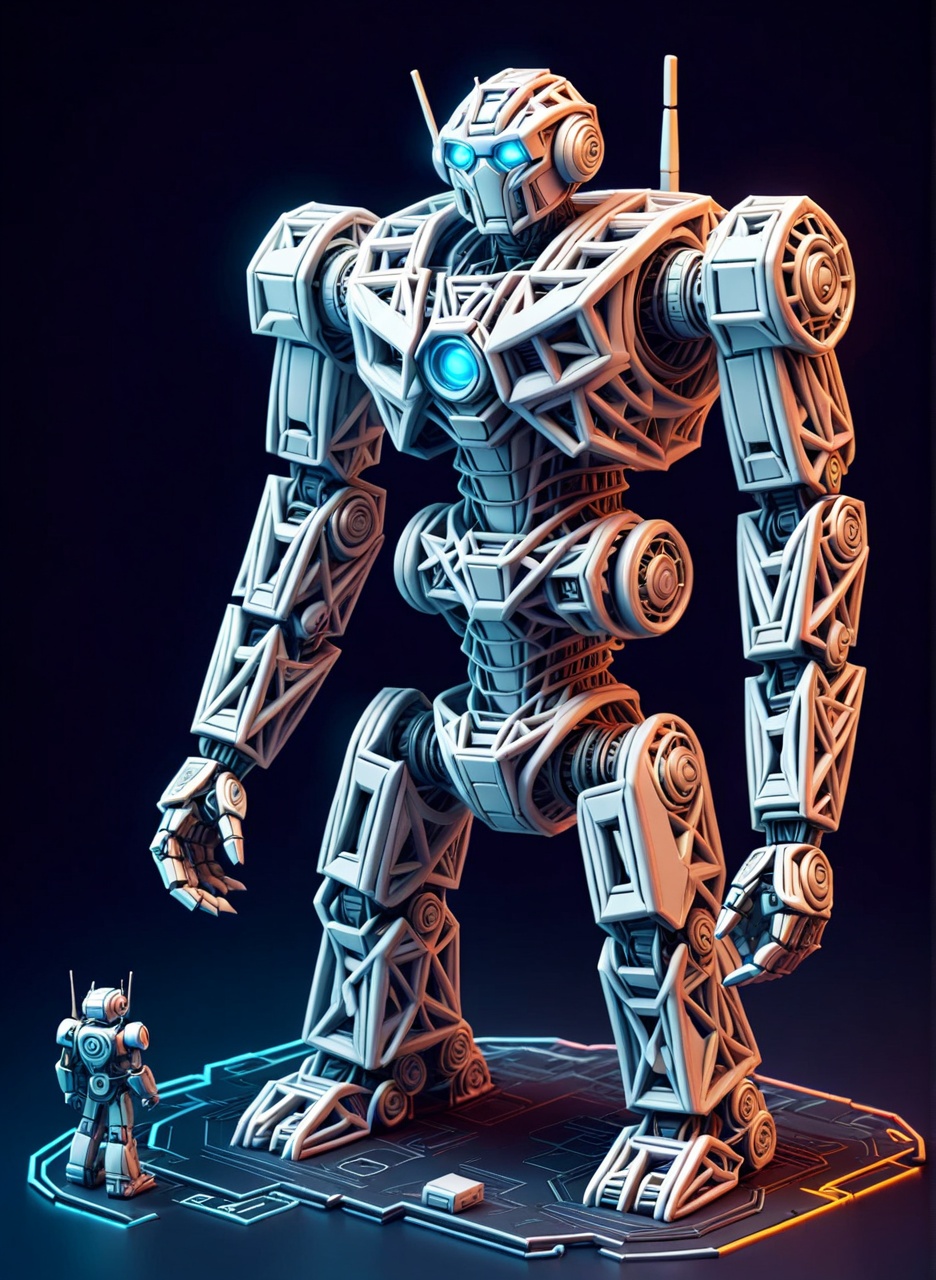Huge white robot toy,  on landskap micro citie,  neon color background on Tensor.Art