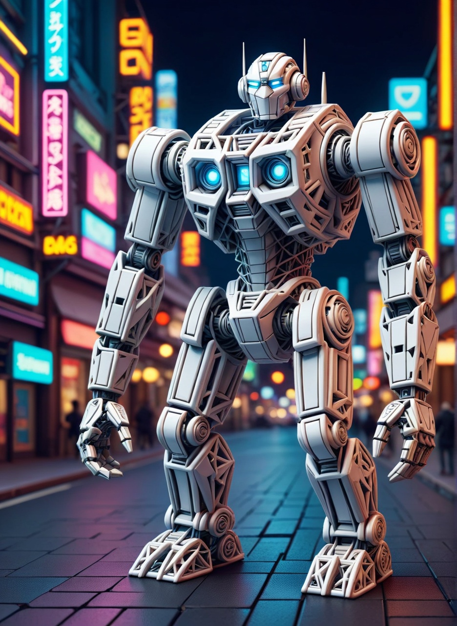 Huge white robot toy,  on Micro city model,  neon color background on Tensor.Art