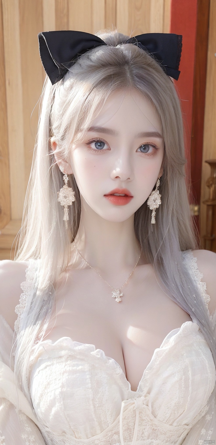  1girl, solo, long hair, breasts, looking at viewer, blue eyes, large breasts, dress, cleavage, bare shoulders, jewelry, white hair, earrings, parted lips, glasses, necklace, round eyewear, red lips,Lace underwear,(Body proportionsperfect, yuechan, liuguang,(Purple lace)Full body, posture temptation,Lace eye mask, dress , long sleeves , hair bow, yefei, jujingyi