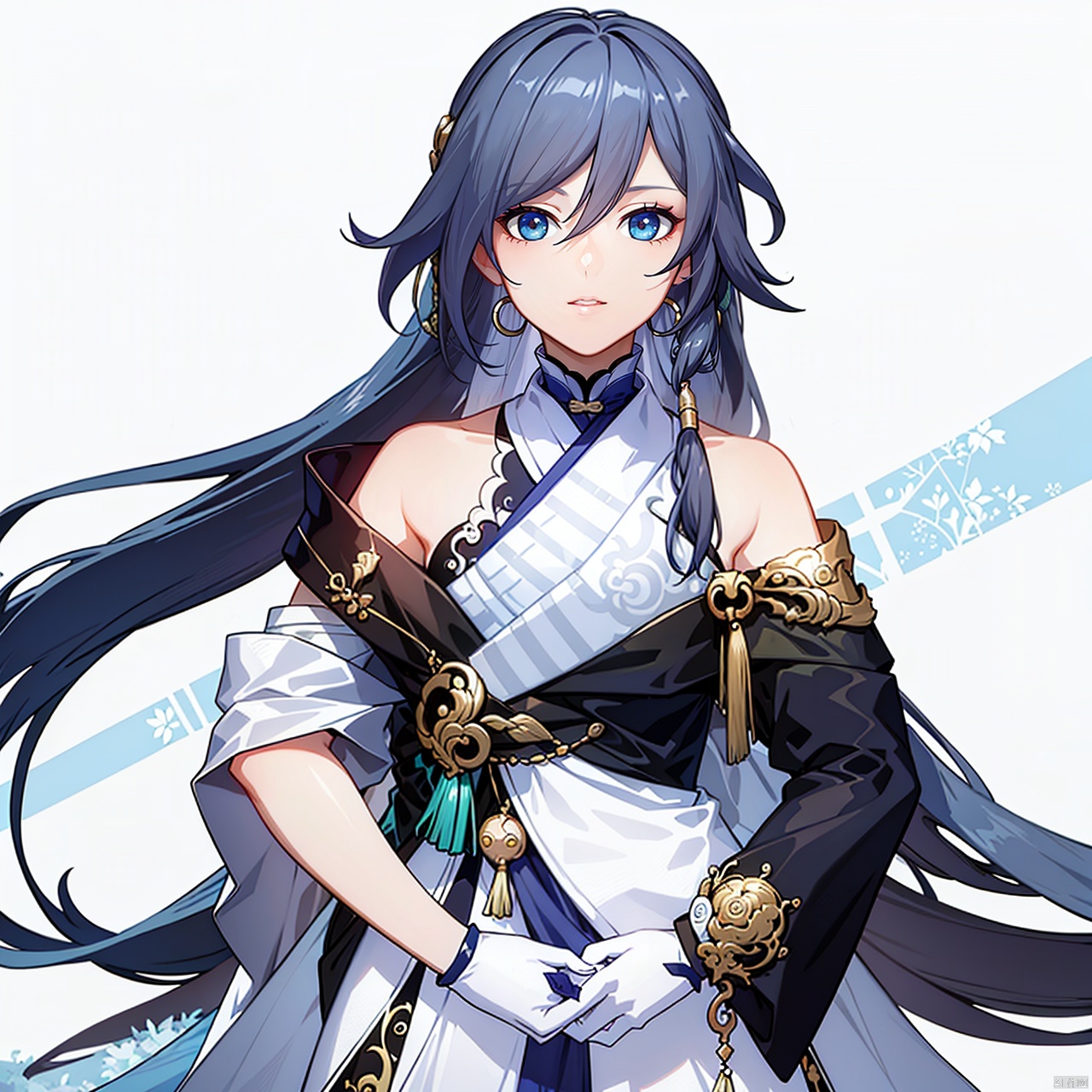 (masterpiece:1.3),(the best quality:1.2),(super fine illustrations:1.2),(Masterpiece),high quality,high detail,(white background:1.2),looking at viewer,(SOLO:1.4),outline,simple background,full body,
fu hua,white skin,messy hair,yin yang,smile,braided ponytail,braid,blue eyes,1girl,hair between eyes,ponytail,multicolored hair,streaked hair,long hair,bangs,
