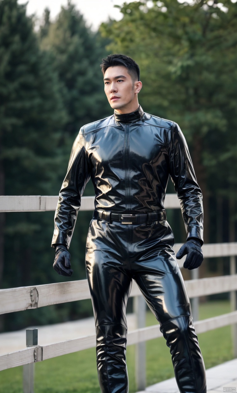  1man,asian,exquisite facial features,handsome,tall,male focus,military_uniform,(black knee_boots),gloves,armband,muscular,full body,dynamic pose,(masterpiece, realistic, Realism, best quality, highly detailed, 8K Ultra HD, sharp focus, profession),soft lighting,blurry,outdoors,Dynamic angle,1man