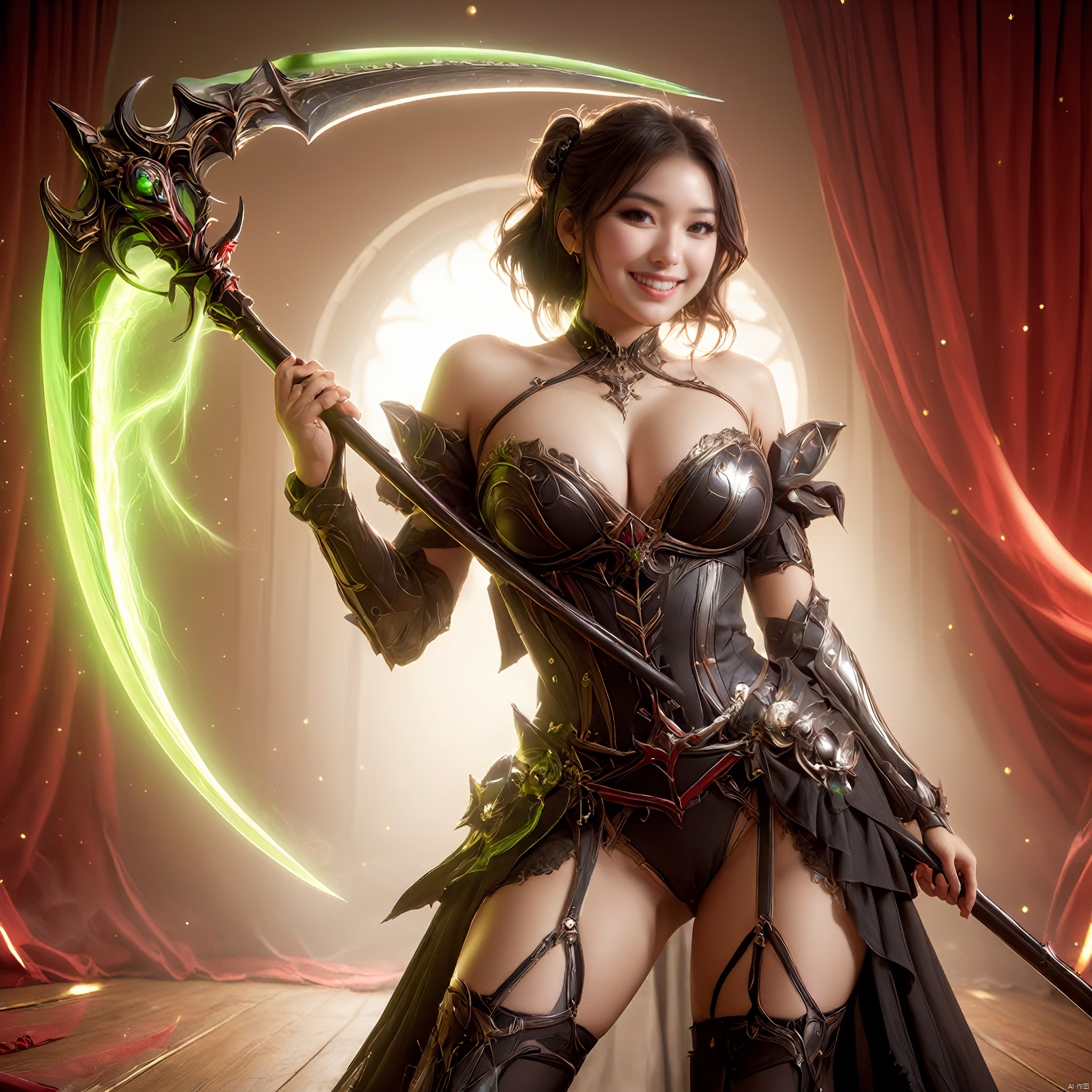 an image of a fantasy game female knight,  ((wielding a huge galaxy scythe)),  1girl on Tensor.Art