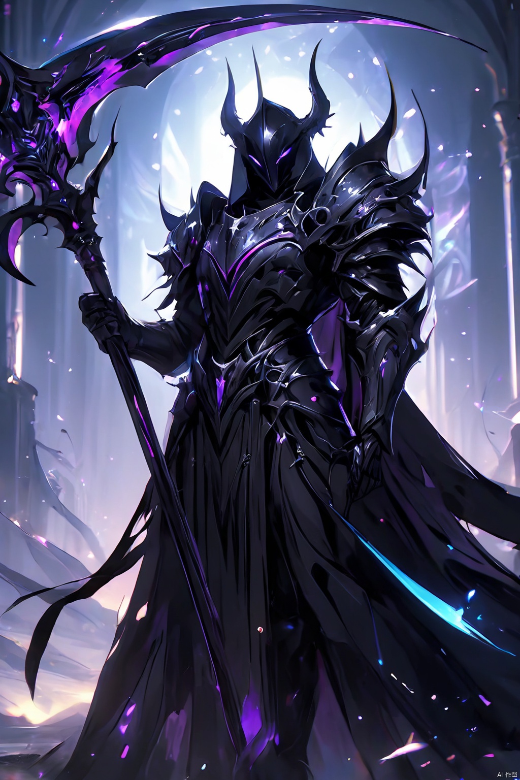 an anime image of a fantasy game knight, wielding a galaxy scythe, galaxy print on the scythe, wearing black armor, allay in background, digital art, HD, masterpiece, best quality, hyper detailed, ultra detailed,