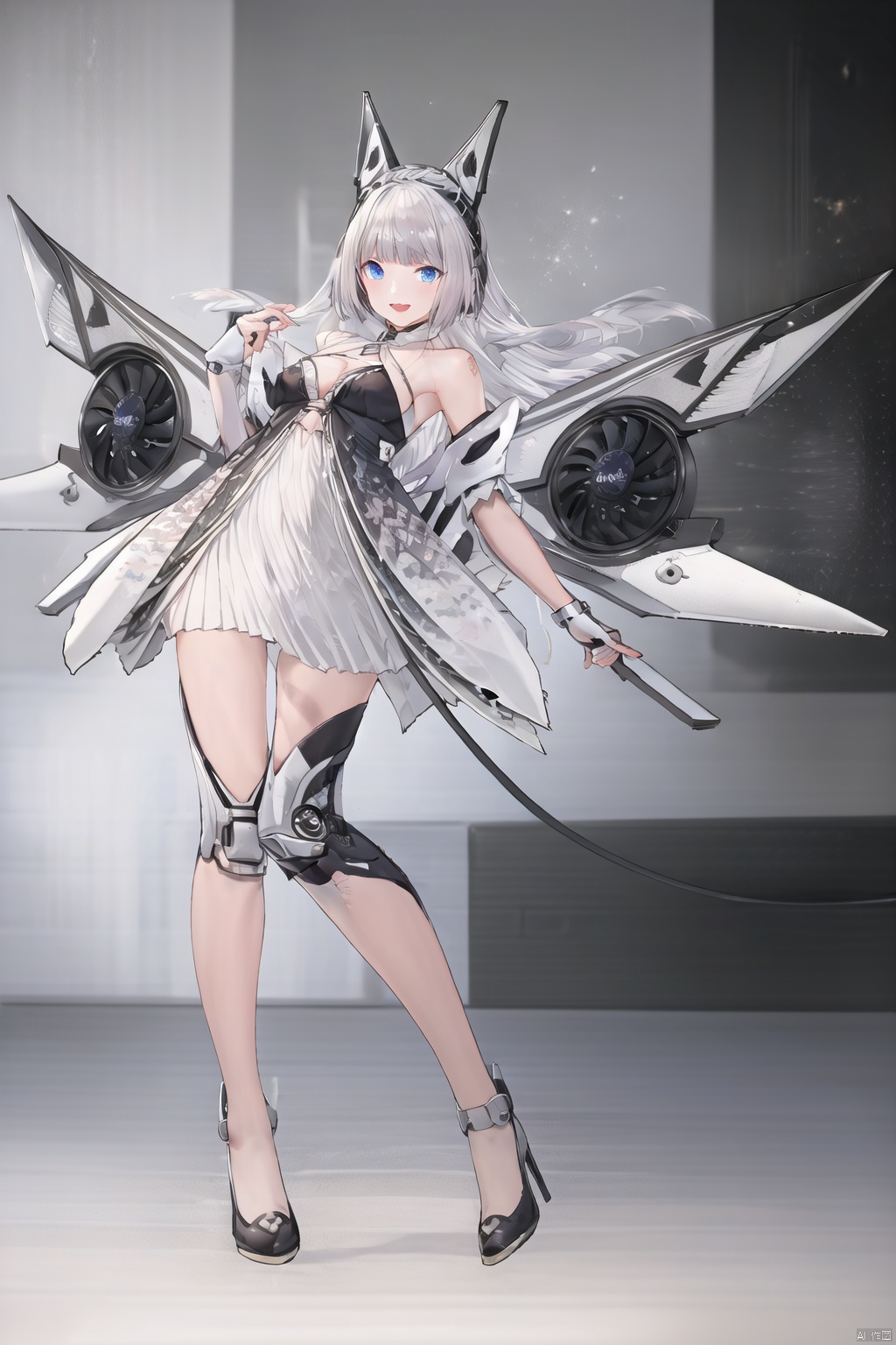  girl, long hair, blue eyes, open mouth, smile, looking at viewer, bangs, full body, mecha musume, dress, high heels, white hair, boots, bare shoulders, white dress, floating hair, high heel boots,
