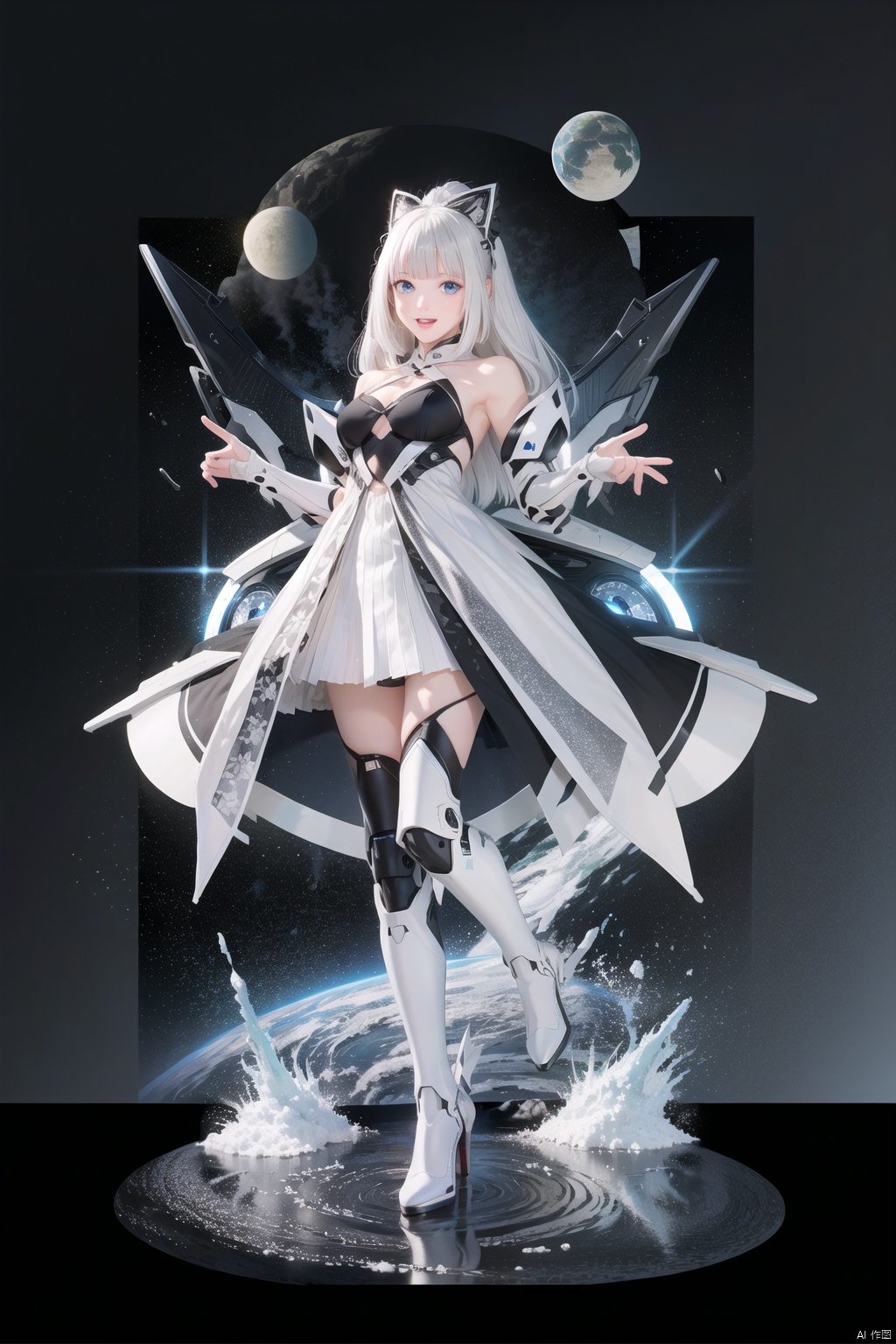  tianqijijijia, girl, long hair, blue eyes, open mouth, gloves, smile, looking at viewer, bangs, full body, mecha musume, dress, high heels, white hair, boots, bare shoulders, white dress, floating hair, high heel boots, thigh boots,