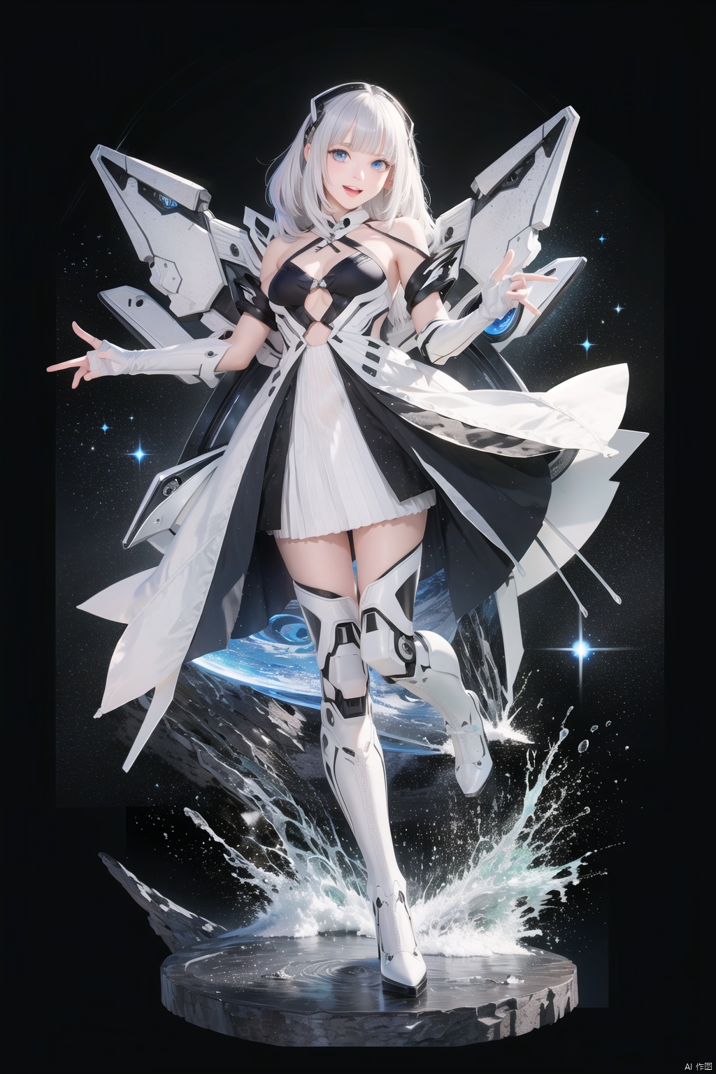  tianqijijijia, girl, long hair, blue eyes, open mouth, gloves, smile, looking at viewer, bangs, full body, mecha musume, dress, high heels, white hair, boots, bare shoulders, white dress, floating hair, high heel boots, thigh boots,