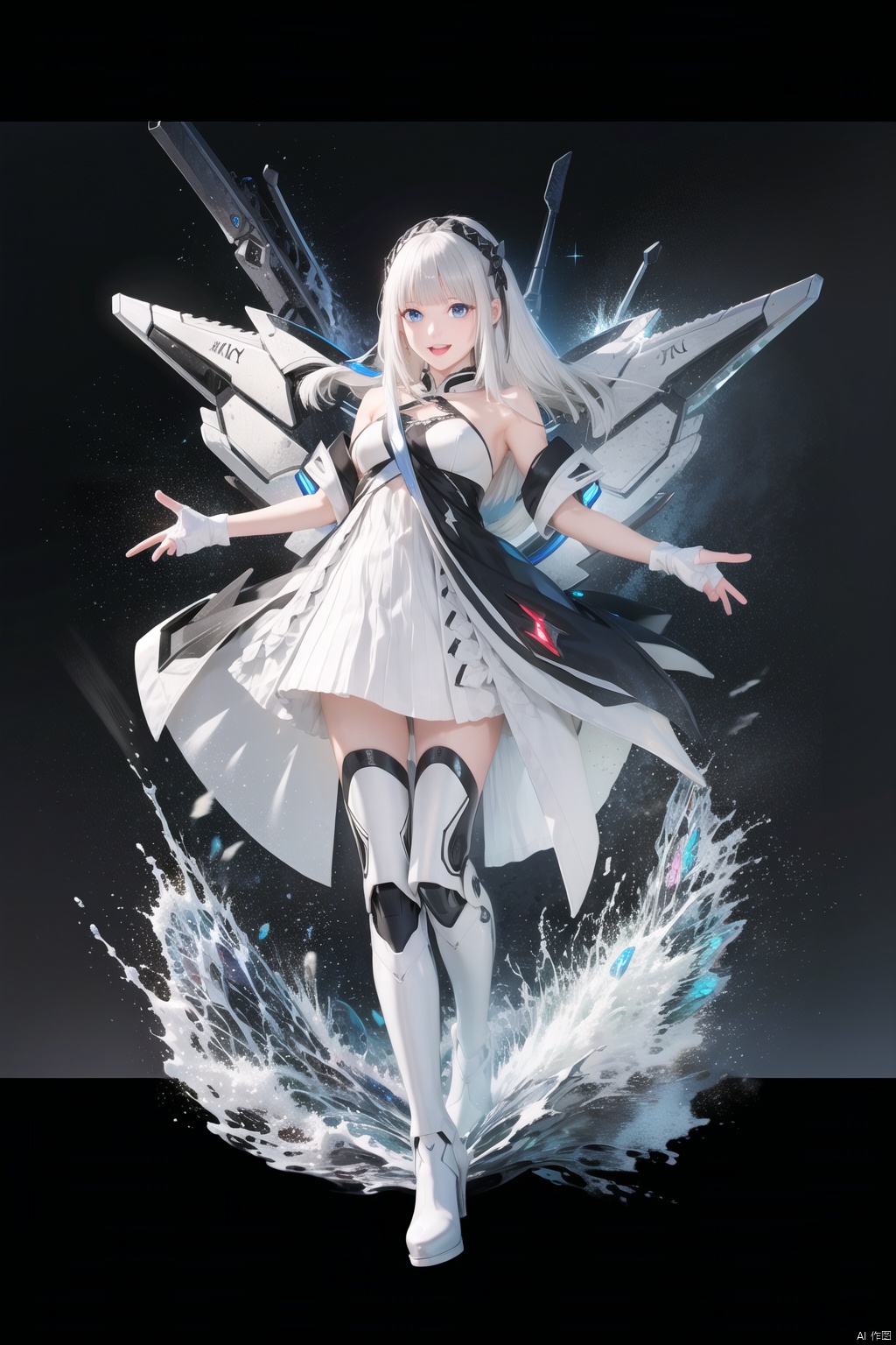  tianqijijijia, girl, long hair, blue eyes, open mouth, gloves, smile, looking at viewer, bangs, full body, mecha musume, dress, high heels, white hair, boots, bare shoulders, white dress, floating hair, high heel boots, thigh boots,