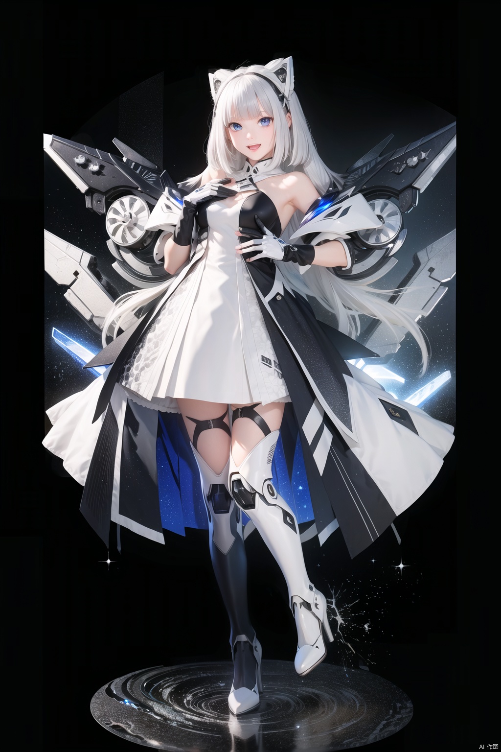  tianqijijijia, girl, long hair, blue eyes, open mouth, gloves, smile, looking at viewer, bangs, full body, mecha musume, dress, high heels, white hair, boots, bare shoulders, white dress, floating hair, high heel boots, thigh boots,