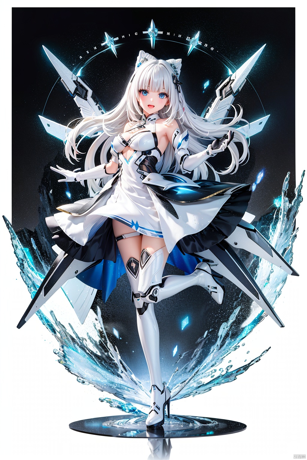  tianqijijijia, girl, long hair, blue eyes, open mouth, gloves, smile, looking at viewer, bangs, full body, mecha musume, dress, high heels, white hair, boots, bare shoulders, white dress, floating hair, high heel boots, thigh boots,