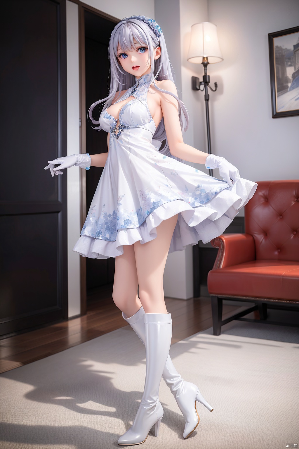 girl, long hair, blue eyes, open mouth, gloves, smile, looking at viewer, bangs, full body, mecha musume, dress, high heels, white hair, boots, bare shoulders, white dress, floating hair, high heel boots, thigh boots,
