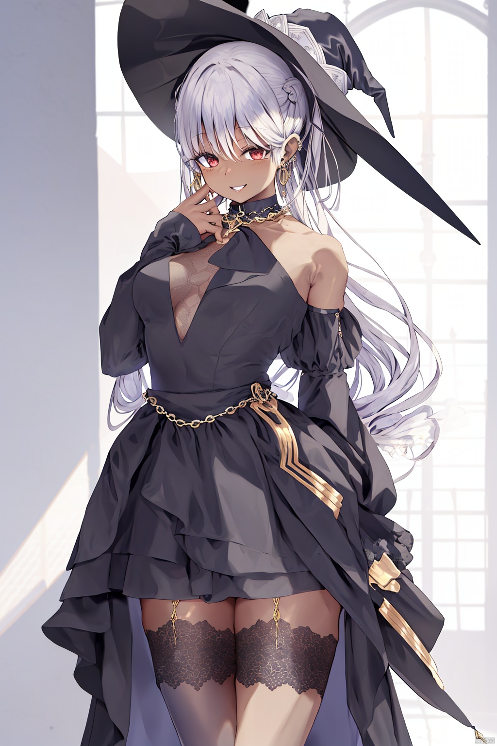  (masterpiece, extremely detailed 8k wallpaper,best quality, good_hand, nice_hand, 5_fingers), (best illumination, extremely delicate and beautiful), finely detail, PIXIV, 1girl, solo, JIMA, lolicon, child, loli, long_hair, silver_hair, princess_cut, ((black_skin, dark_skin, brown_skin)), red_eyes, shiny_hair, witch_hat, black_coat, average_breasts, indoors, cowboy_shot, happy_face, ear_rings, gold_jewelry, gold_trim, lace_trim, gothic_lolita, big_thighs, thigh_highs, metal_collar, detached_sleeves, long_sleeves, long_skirt, long_dress, castle, royal,