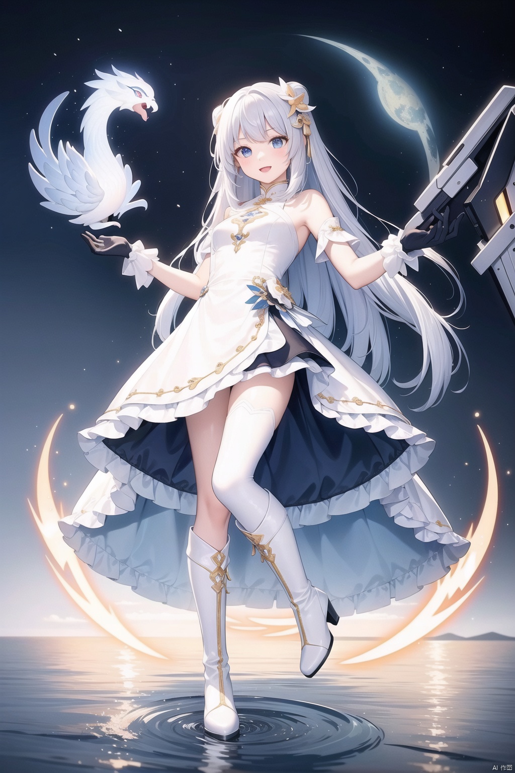  tianqijijijia, girl, long hair, blue eyes, open mouth, gloves, smile, looking at viewer, bangs, full body, mecha musume, dress, high heels, white hair, boots, bare shoulders, white dress, floating hair, high heel boots, thigh boots,