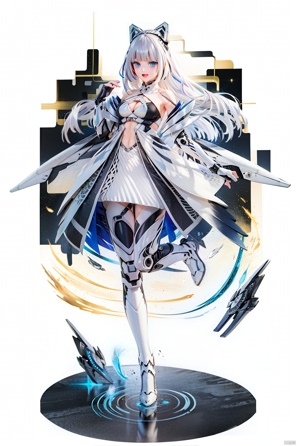  tianqijijijia, girl, long hair, blue eyes, open mouth, gloves, smile, looking at viewer, bangs, full body, mecha musume, dress, high heels, white hair, boots, bare shoulders, white dress, floating hair, high heel boots, thigh boots,