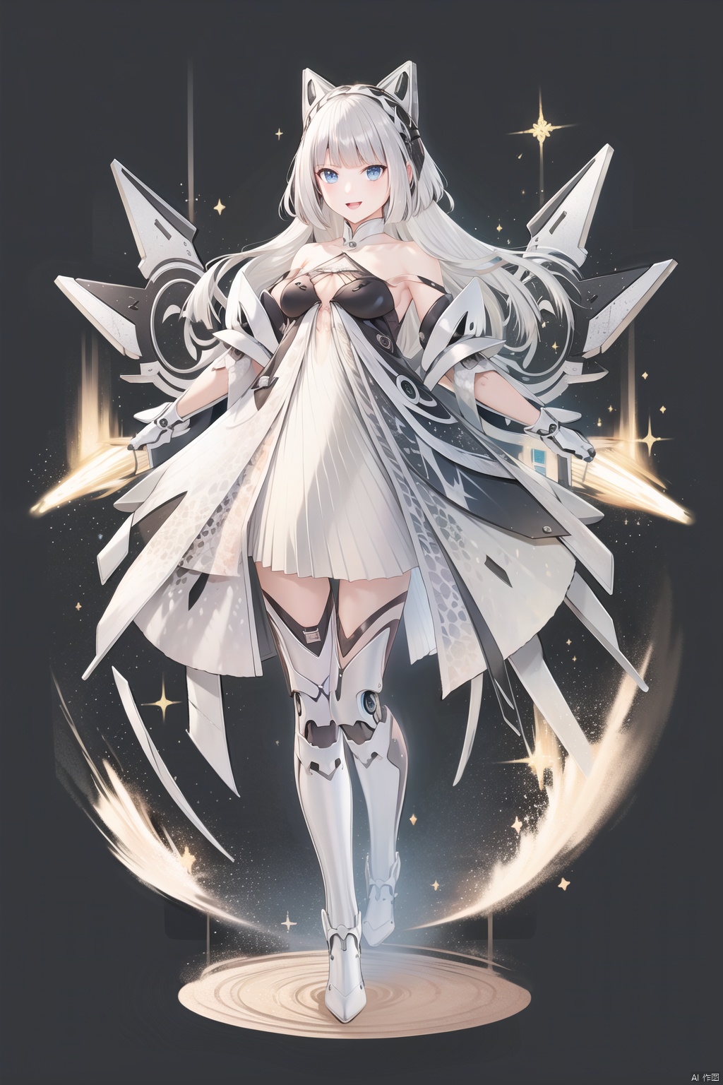  tianqijijijia, girl, long hair, blue eyes, open mouth, gloves, smile, looking at viewer, bangs, full body, mecha musume, dress, high heels, white hair, boots, bare shoulders, white dress, floating hair, high heel boots, thigh boots,