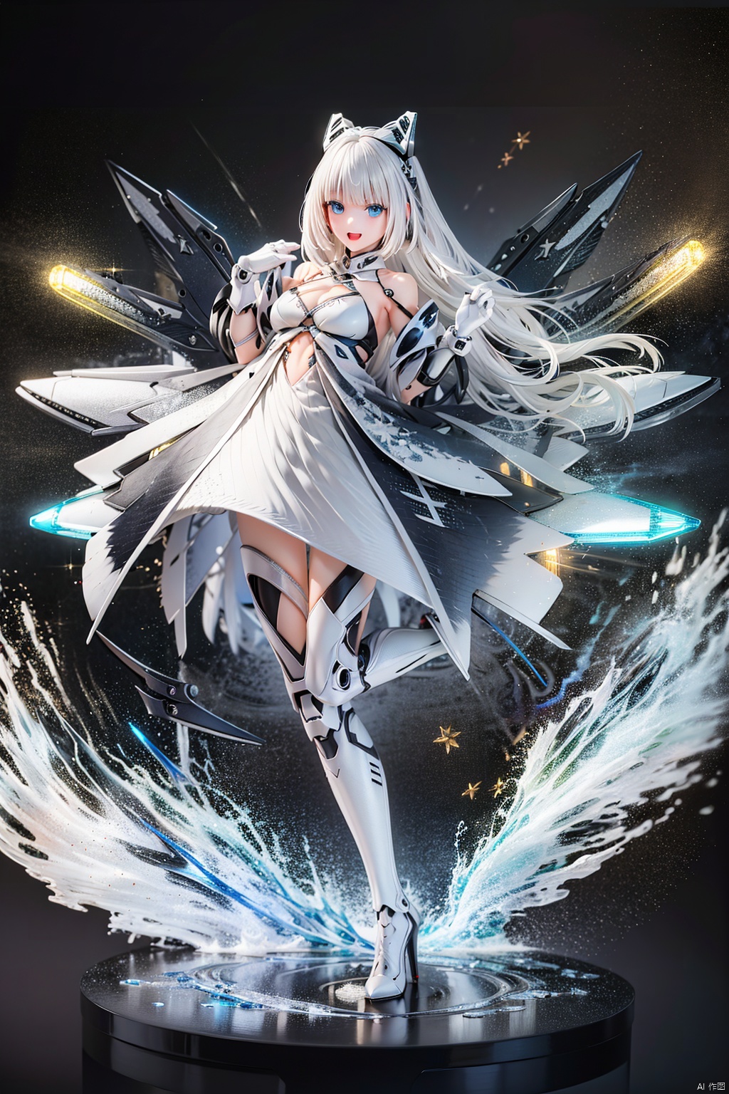  tianqijijijia, girl, long hair, blue eyes, open mouth, gloves, smile, looking at viewer, bangs, full body, mecha musume, dress, high heels, white hair, boots, bare shoulders, white dress, floating hair, high heel boots, thigh boots,
