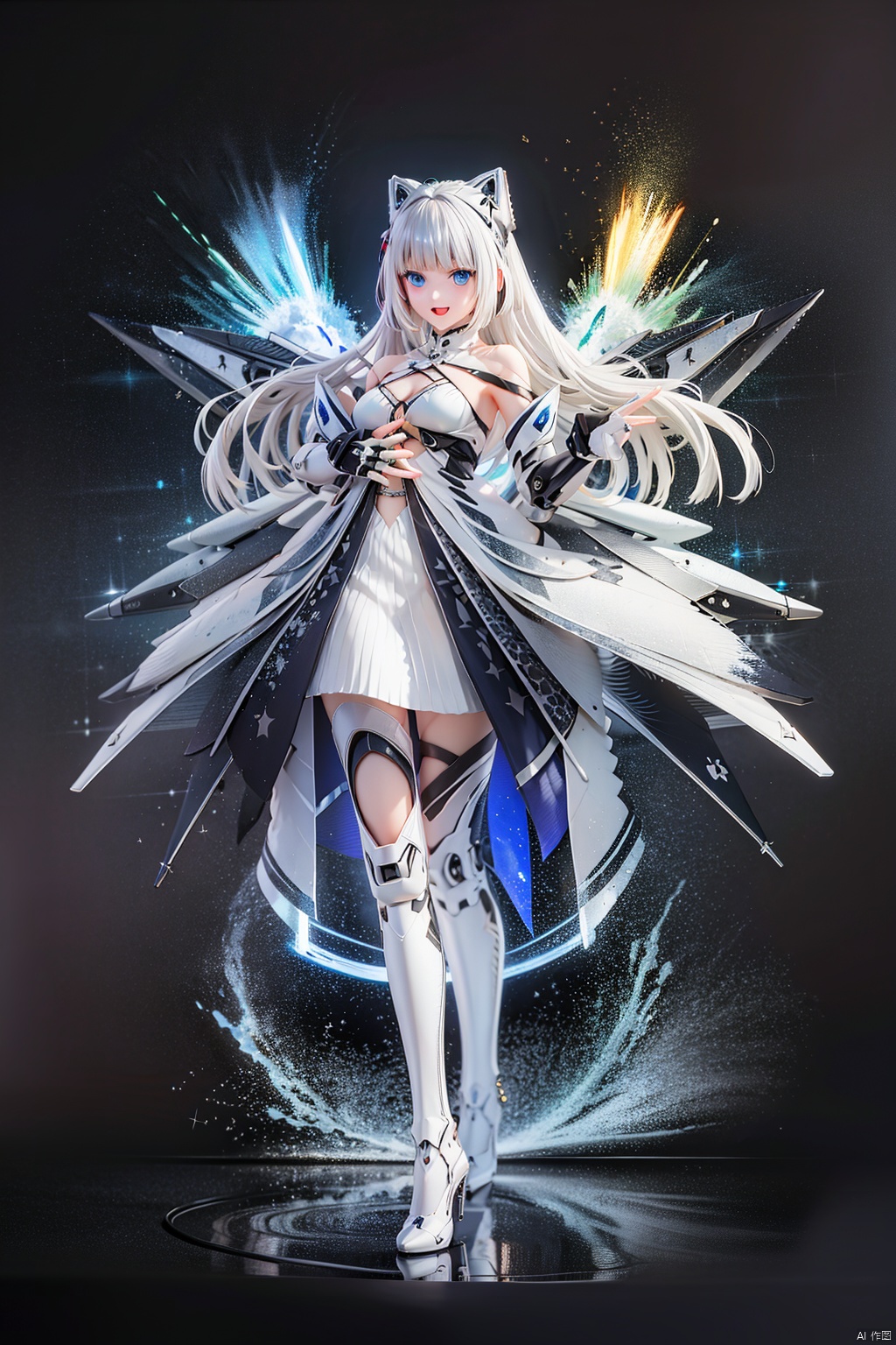  tianqijijijia, girl, long hair, blue eyes, open mouth, gloves, smile, looking at viewer, bangs, full body, mecha musume, dress, high heels, white hair, boots, bare shoulders, white dress, floating hair, high heel boots, thigh boots,
