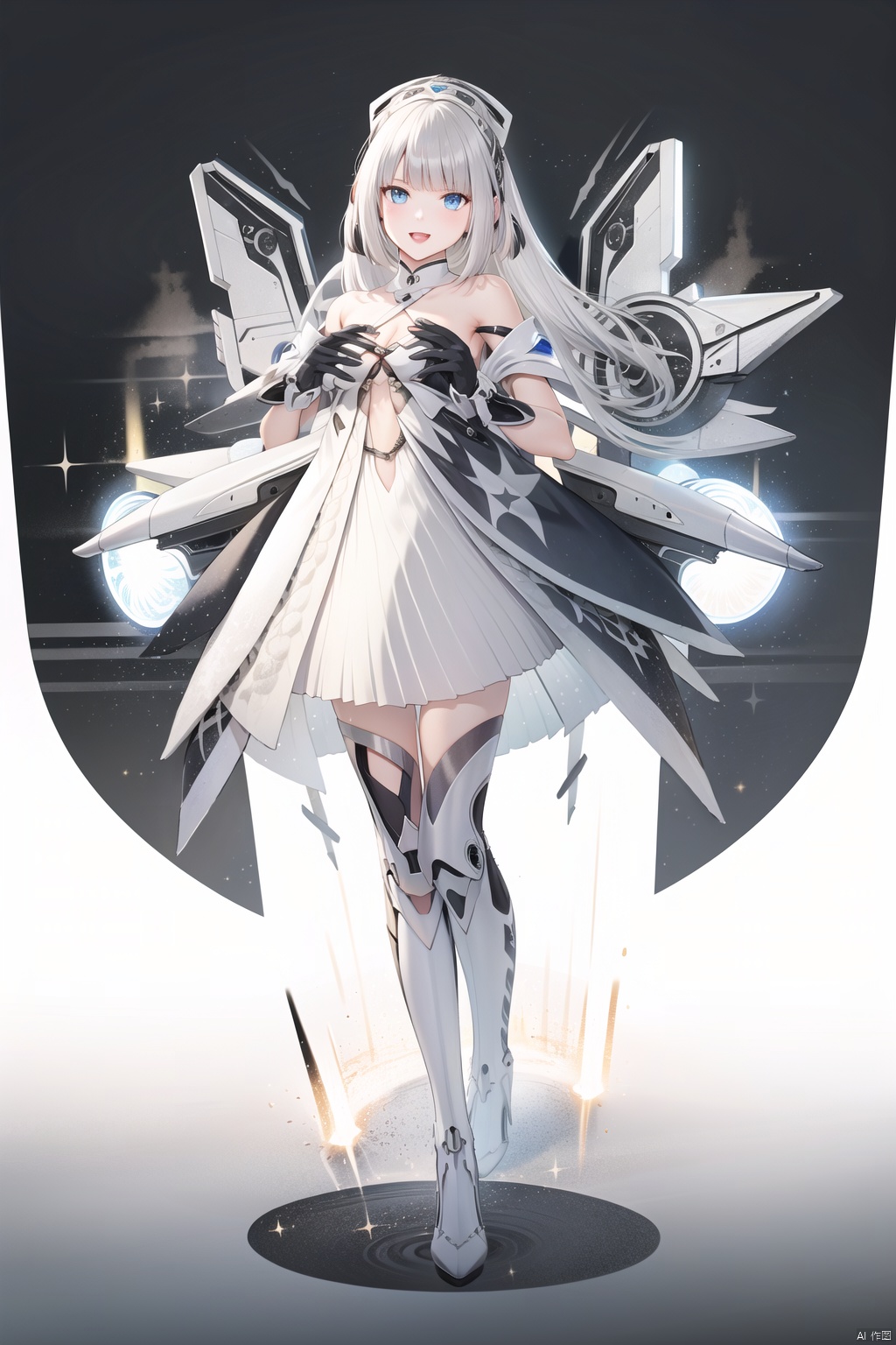  tianqijijijia, girl, long hair, blue eyes, open mouth, gloves, smile, looking at viewer, bangs, full body, mecha musume, dress, high heels, white hair, boots, bare shoulders, white dress, floating hair, high heel boots, thigh boots,
