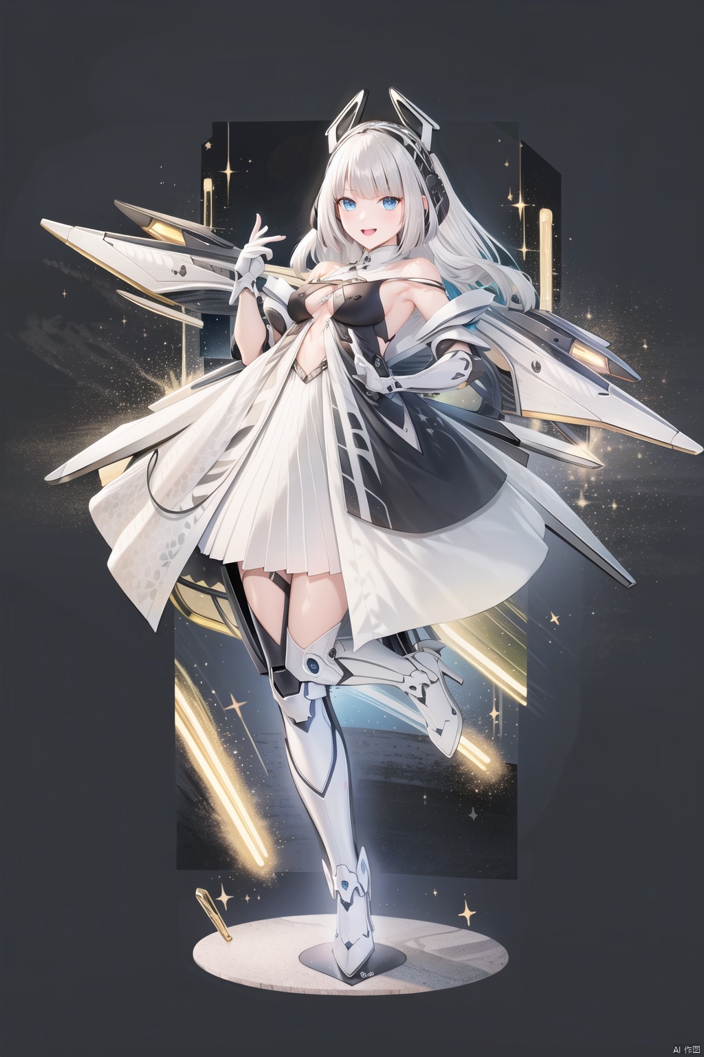  tianqijijijia, girl, long hair, blue eyes, open mouth, gloves, smile, looking at viewer, bangs, full body, mecha musume, dress, high heels, white hair, boots, bare shoulders, white dress, floating hair, high heel boots, 