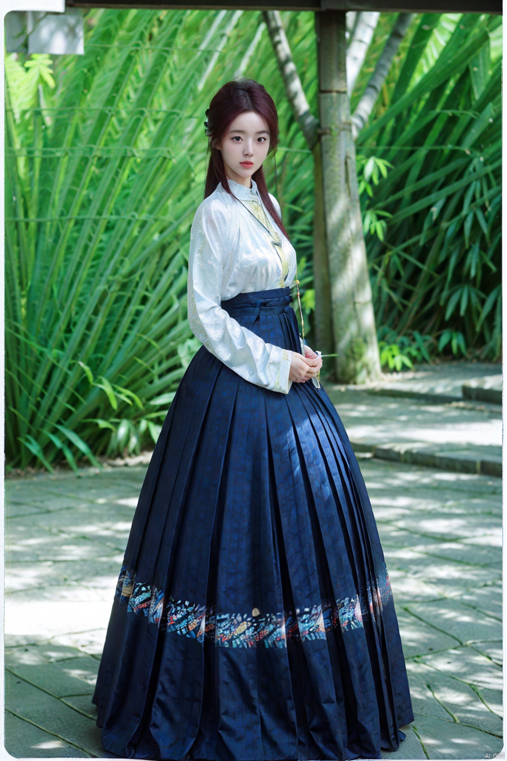 (1girl:1.3), (best quality, masterpiece, ultra high resolution),(photorealistic:1.3), (realistic:1.3), depth of field,(full body:1.2), (outdoors:1.2), (day:1.2), (cinematic lighting:1.2),  near to camera, facing to camera,Front photo of ID card, pure background, hanfu, sitting