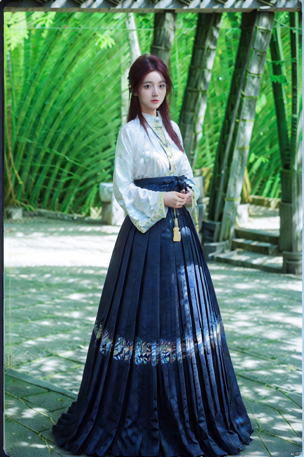 (1girl:1.3), (best quality, masterpiece, ultra high resolution),(photorealistic:1.3), (realistic:1.3), depth of field,(full body:1.2), (outdoors:1.2), (day:1.2), (cinematic lighting:1.2),  near to camera, facing to camera,Front photo of ID card, pure background, hanfu, sitting