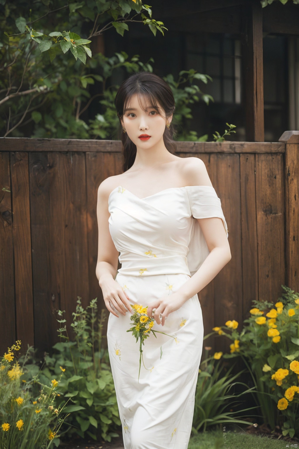  1girl, bare shoulders, black hair, breasts,Wooden wall, bush,Dai ethnic skirt, earrings, flower, garden,Chinese Dai ethnic clothing,Diagonal draped light gauze skirt, strapless dress, grass, hair bun, jewelry, makeup, outdoors, plant, red lips, solo, standing
