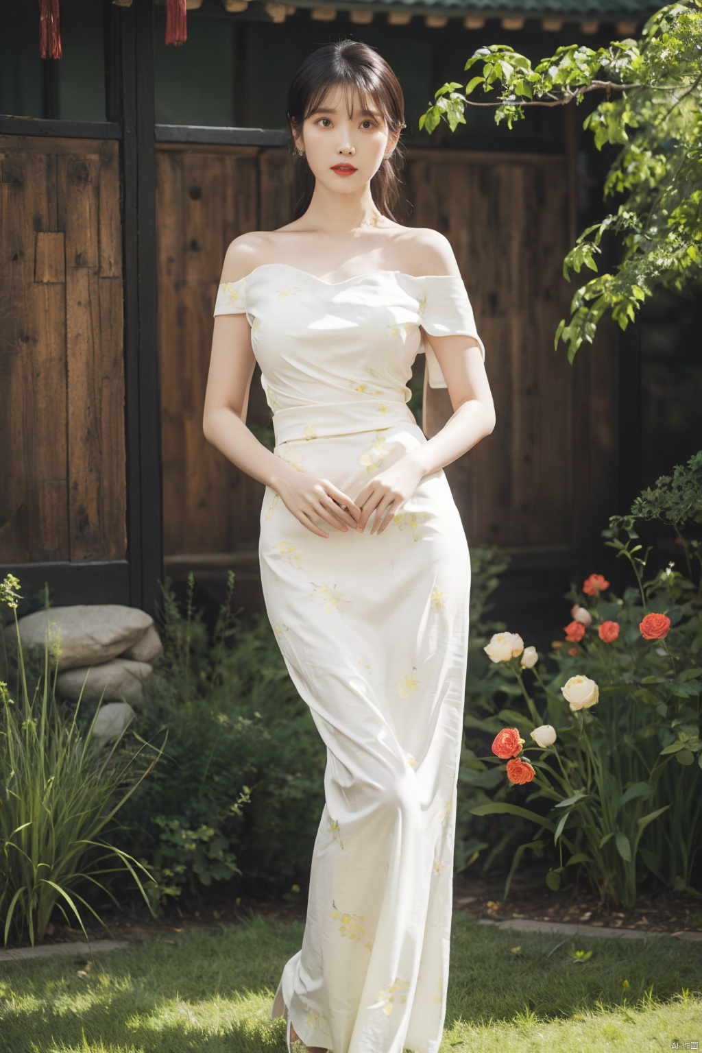  1girl, bare shoulders, black hair, breasts,Wooden wall, bush,Dai ethnic skirt, earrings, flower, garden,Chinese Dai ethnic clothing,Diagonal draped light gauze skirt, strapless dress, grass, hair bun, jewelry, makeup, outdoors, plant, red lips, solo, standing