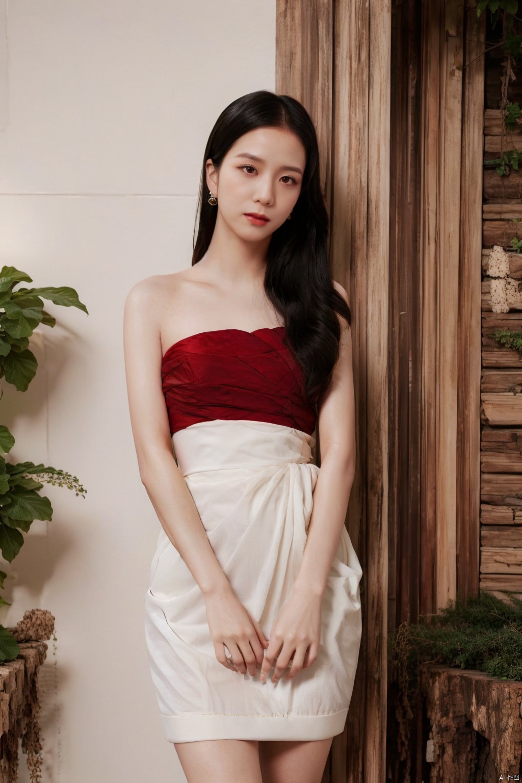  1girl, bare shoulders, black hair, breasts,Wooden wall, bush,Dai ethnic skirt, earrings, flower, garden,Chinese Dai ethnic clothing,Diagonal draped light gauze skirt, strapless dress, grass, hair bun, jewelry, makeup, outdoors, plant, red lips, solo, standing