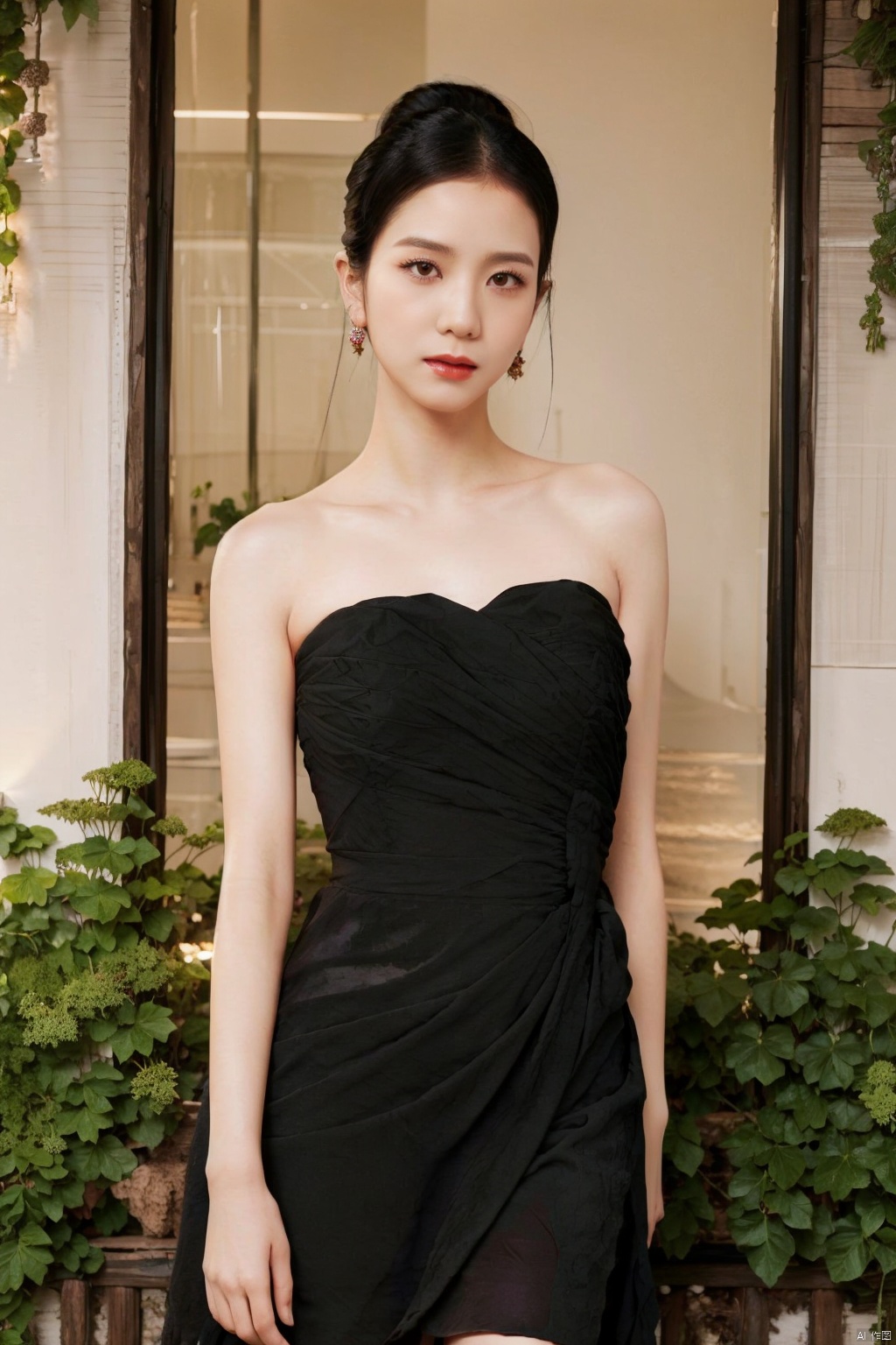  1girl, bare shoulders, black hair, breasts,Wooden wall, bush,Dai ethnic skirt, earrings, flower, garden,Chinese Dai ethnic clothing,Diagonal draped light gauze skirt, strapless dress, grass, hair bun, jewelry, makeup, outdoors, plant, red lips, solo, standing