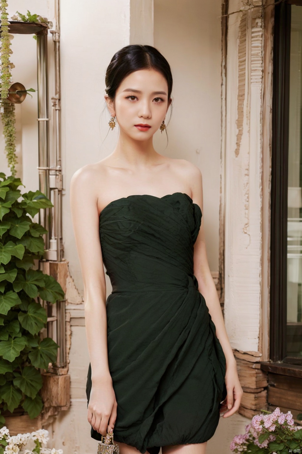  1girl, bare shoulders, black hair, breasts,Wooden wall, bush,Dai ethnic skirt, earrings, flower, garden,Chinese Dai ethnic clothing,Diagonal draped light gauze skirt, strapless dress, grass, hair bun, jewelry, makeup, outdoors, plant, red lips, solo, standing