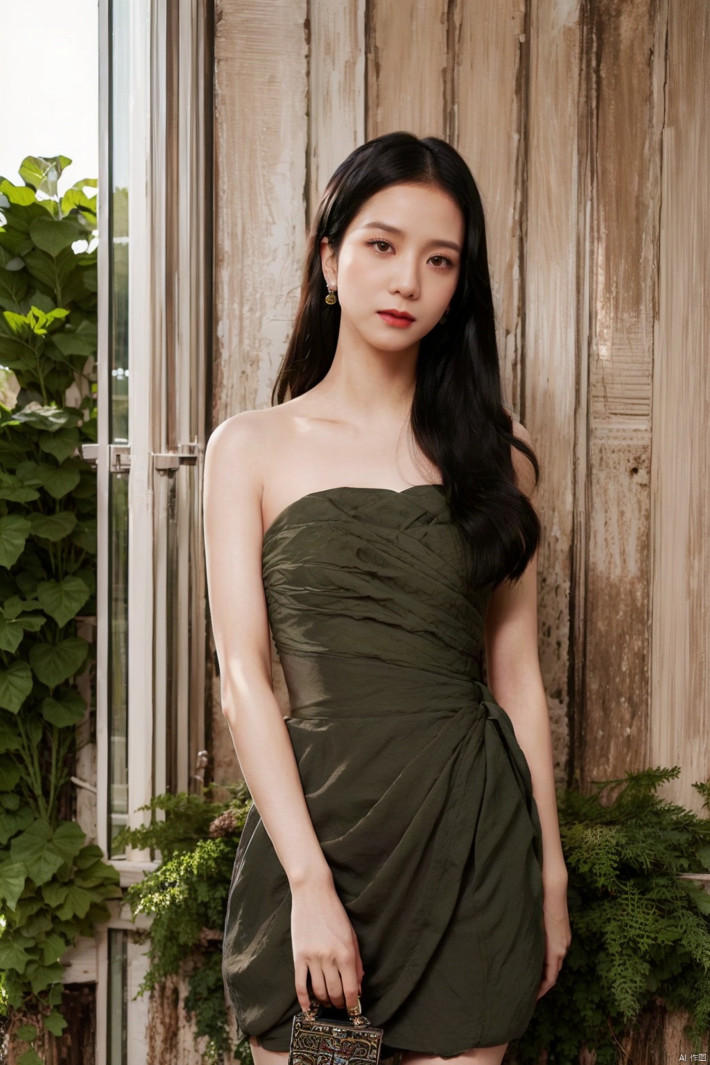  1girl, bare shoulders, black hair, breasts,Wooden wall, bush,Dai ethnic skirt, earrings, flower, garden,Chinese Dai ethnic clothing,Diagonal draped light gauze skirt, strapless dress, grass, hair bun, jewelry, makeup, outdoors, plant, red lips, solo, standing