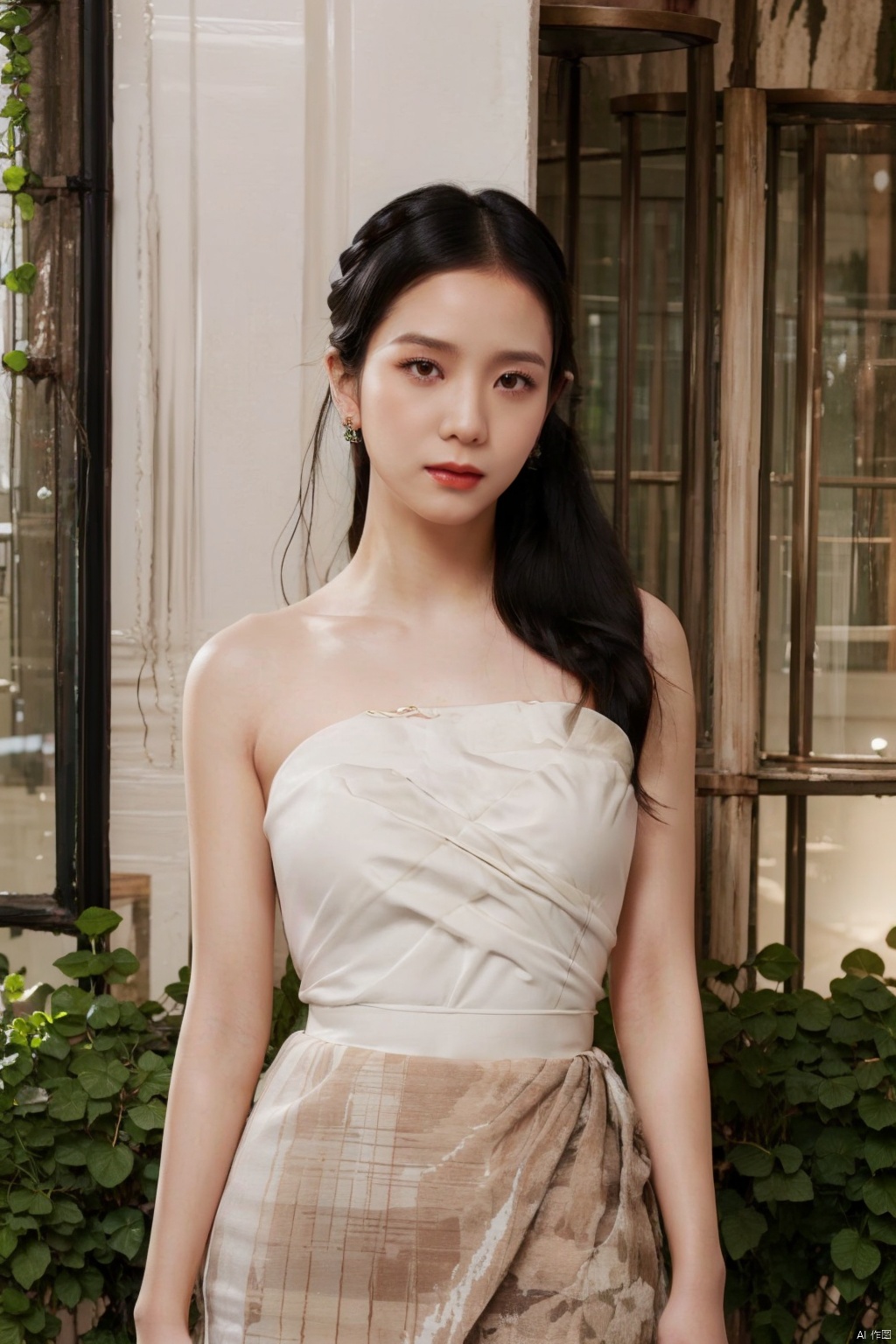  1girl, bare shoulders, black hair, breasts,Wooden wall, bush,Dai ethnic skirt, earrings, flower, garden,Chinese Dai ethnic clothing,Diagonal draped light gauze skirt, strapless dress, grass, hair bun, jewelry, makeup, outdoors, plant, red lips, solo, standing