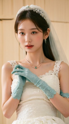  (beautiful, best quality, high quality, masterpiece:1.3)
,solo, solo focus,
huge breasts,Oval face, Water snake waist, big tits,big eye,
(green lace wedding dress:1.39), veil, wedding gloves, holding flowers,Crystal Earring, Crystal Necklace,
(no background),18yo girl, 1girl