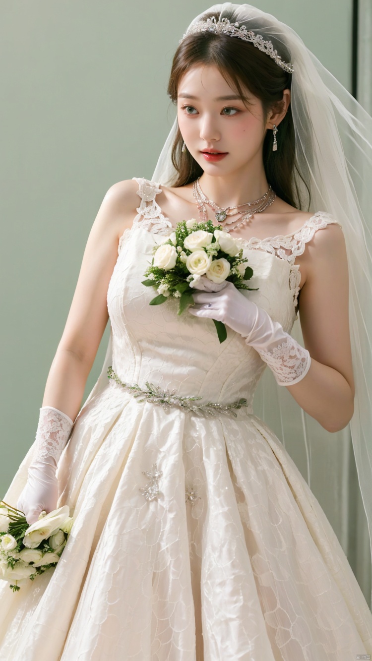  (beautiful, best quality, high quality, masterpiece:1.3)
,solo, solo focus,
huge breasts,Oval face, Water snake waist, big tits,big eye,
(green lace wedding dress:1.39), veil, wedding gloves, holding flowers,Crystal Earring, Crystal Necklace,
(no background),18yo girl, 1girl
