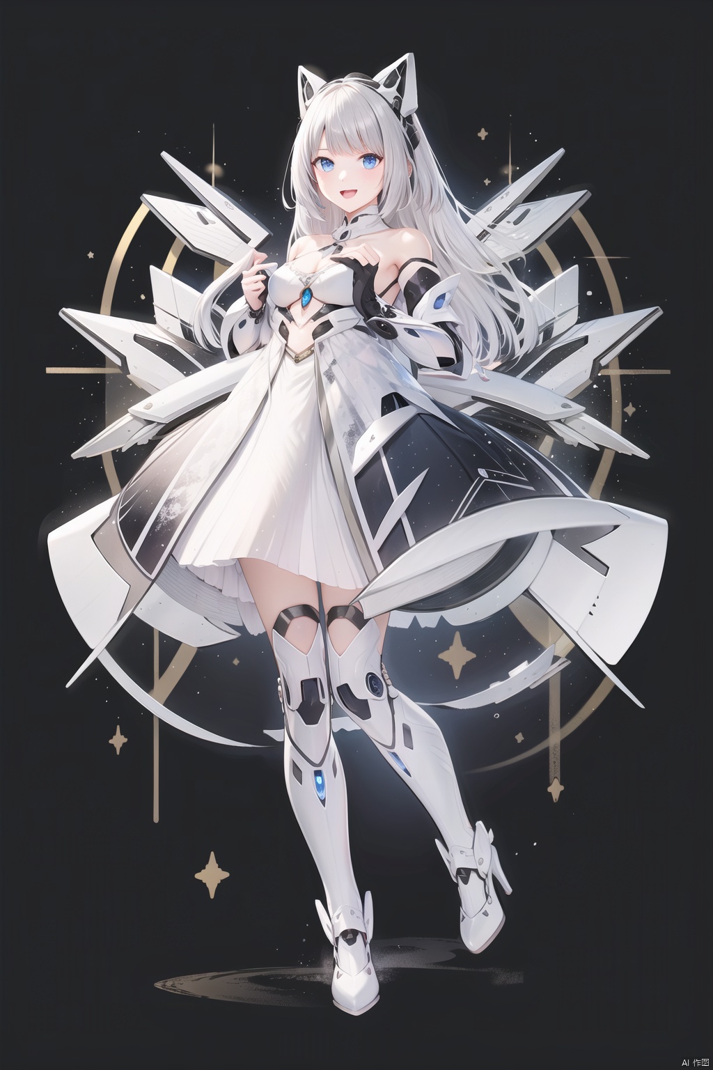  girl, long hair, blue eyes, open mouth, smile, looking at viewer, bangs, full body, mecha musume, dress, high heels, white hair, boots, bare shoulders, white dress, floating hair, high heel boots,