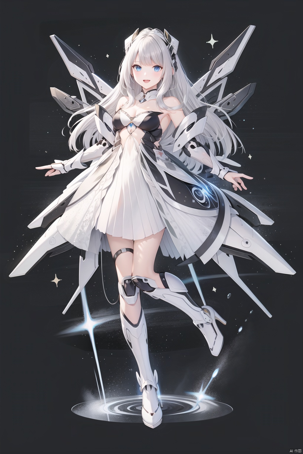  girl, long hair, blue eyes, open mouth, smile, looking at viewer, bangs, full body, mecha musume, dress, high heels, white hair, boots, bare shoulders, white dress, floating hair, high heel boots,