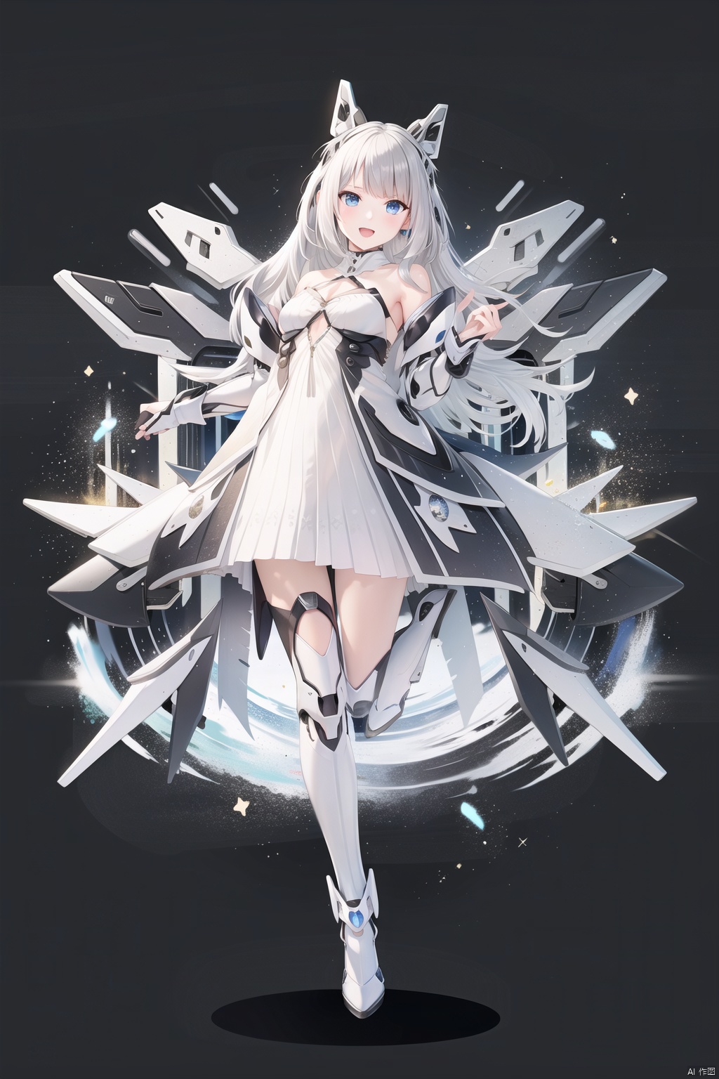  girl, long hair, blue eyes, open mouth, smile, looking at viewer, bangs, full body, mecha musume, dress, high heels, white hair, boots, bare shoulders, white dress, floating hair, high heel boots,