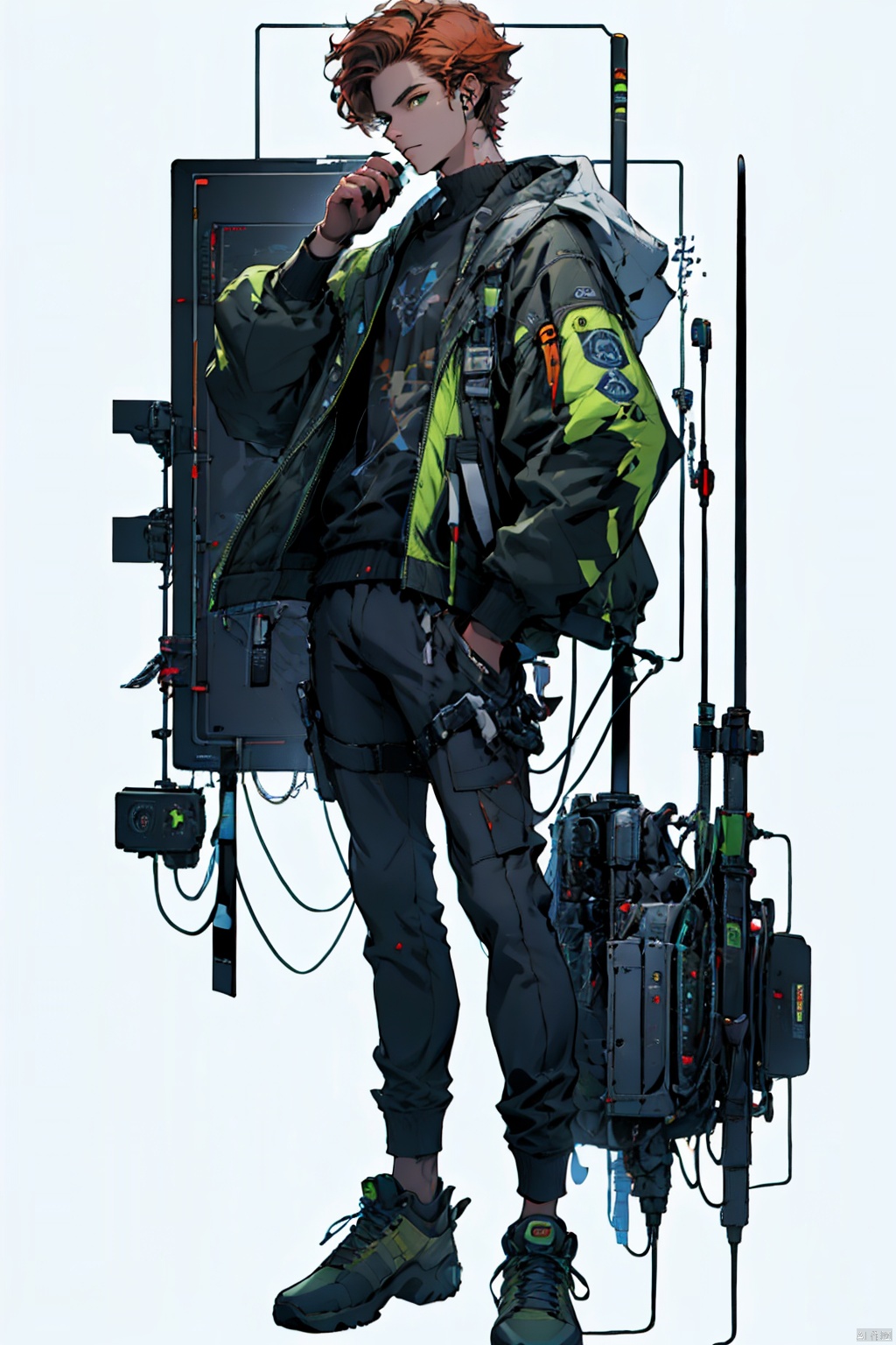  [(white background:1.5)::5],(imid shot:0.95),(full body:1.25),(falt color:1.3),colorful,(masterpiece:1,2),best quality,extremely detailed cg 8k wallpaper,best quality,masterpiece,highres,original,extremely detailed wallpaper,(solo:1.25),(1 boy:1.5),Short curly orange hair,green eyes,blue Angel aperture,Tooling,engineer,wrench,pliers,mechanical table,future,science fiction,mechanical device,glowing fan,Cyber Aso,, Cyber Aso, bad hand,asip