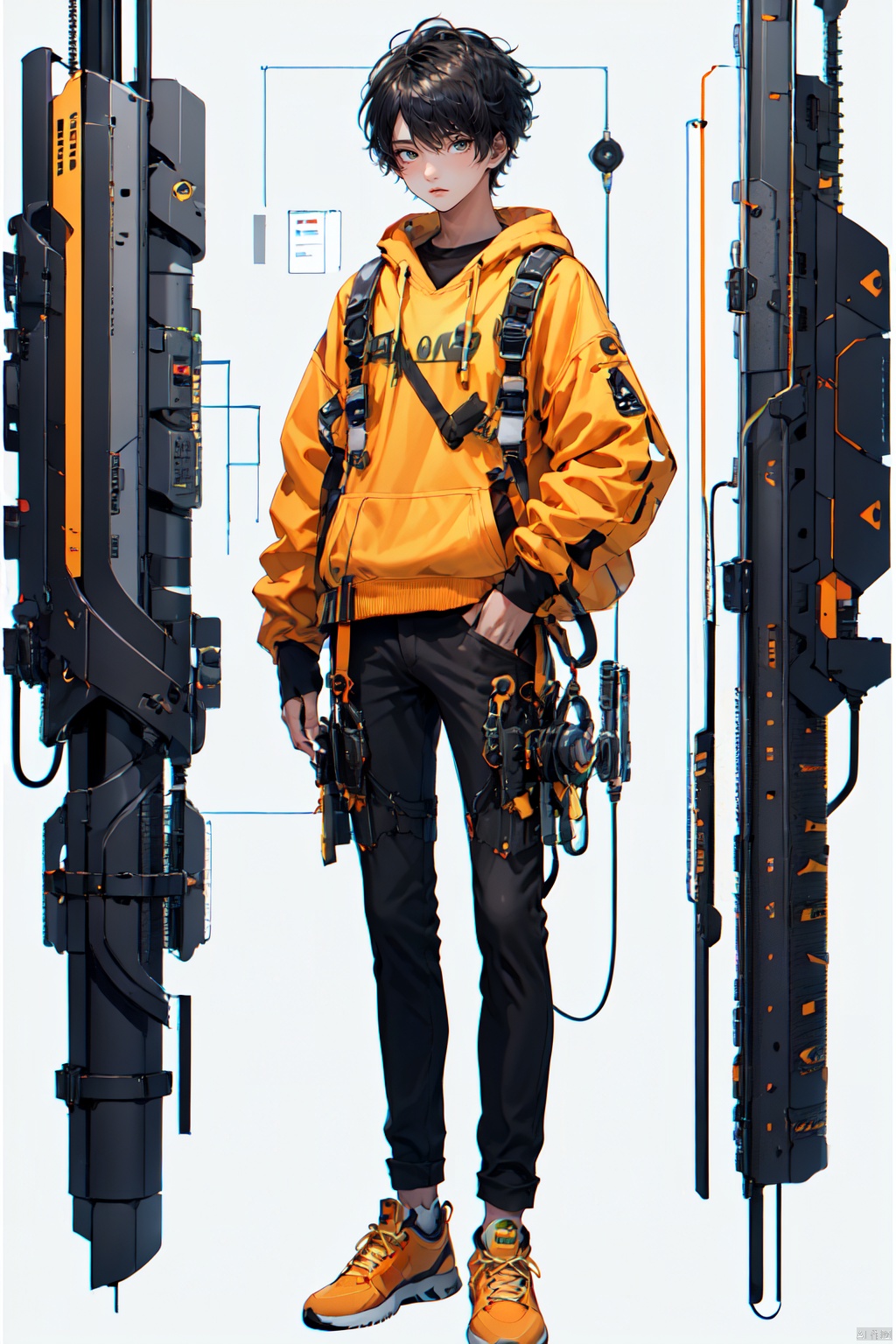  [(white background:1.5)::5],(imid shot:0.95),(full body:1.25),(falt color:1.3),colorful,(masterpiece:1,2),best quality,extremely detailed cg 8k wallpaper,best quality,masterpiece,highres,original,extremely detailed wallpaper,(solo:1.25),(1 boy:1.5),Short curly orange hair,green eyes,blue Angel aperture,Tooling,engineer,wrench,pliers,mechanical table,future,science fiction,mechanical device,glowing fan,Cyber Aso,, Cyber Aso