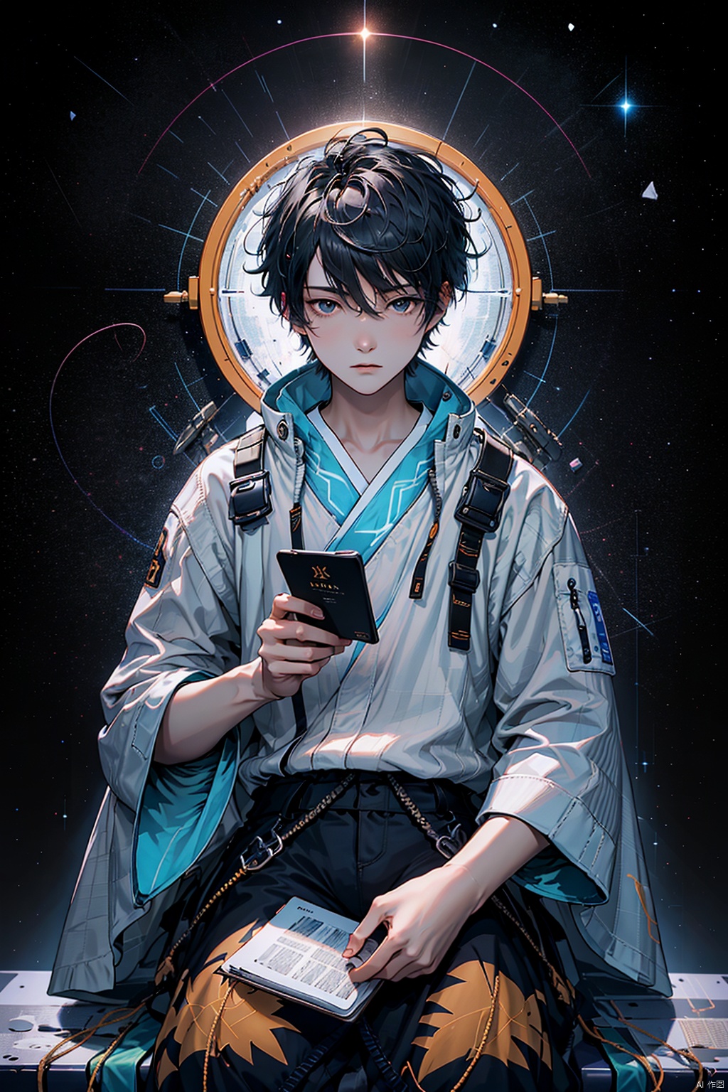  (8k, original photo, best quality, masterpiece: 1.2),1 boy. Blue hair, white and black Hanfu, futuristic robe. Sitting on a research platform floating in the middle of the asteroid belt. He is conducting research with a notebook, surrounded by several asteroids shining with blazing halos. Dramatic lights from distant stars and planets illuminated the scene, casting deep shadows on the Hanfu. The boy looks confident and determined, looking at the vast and mysterious universe with curiosity and respect, with a cowboy lens,Aso

, asip